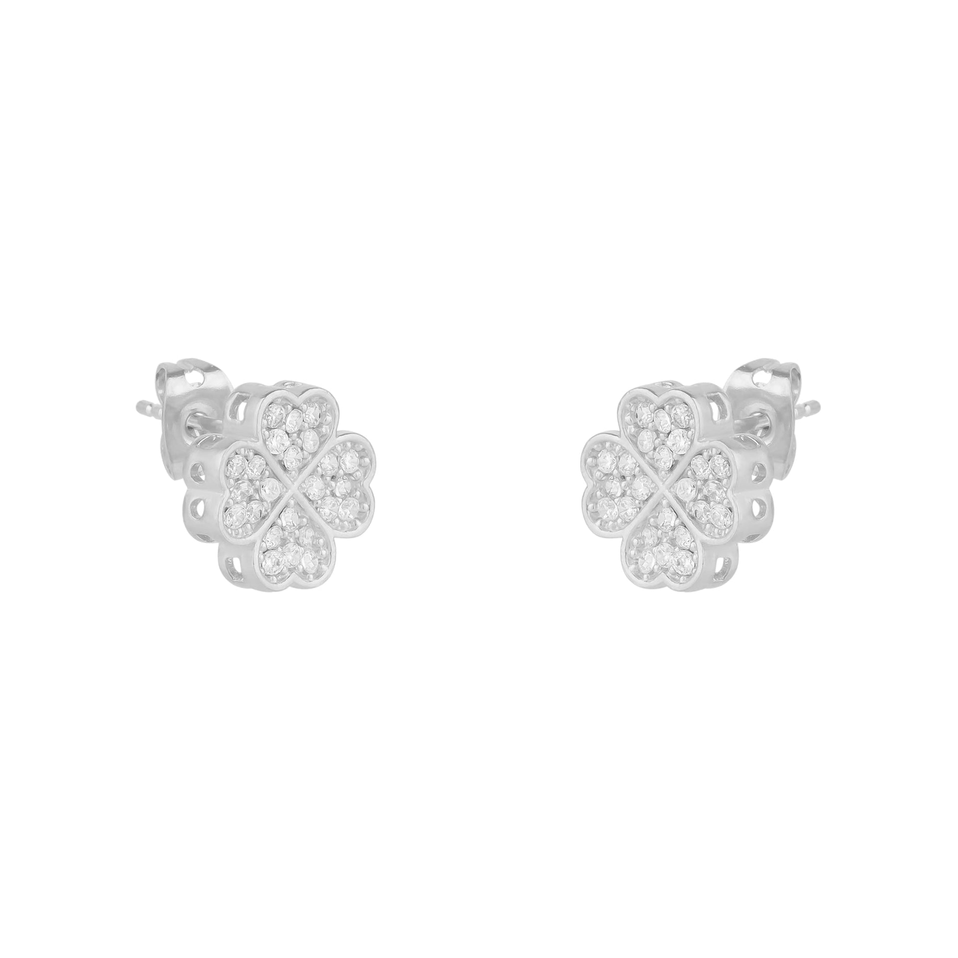 Four Leaves Clover Stud Earring In Silver With White Gemstones