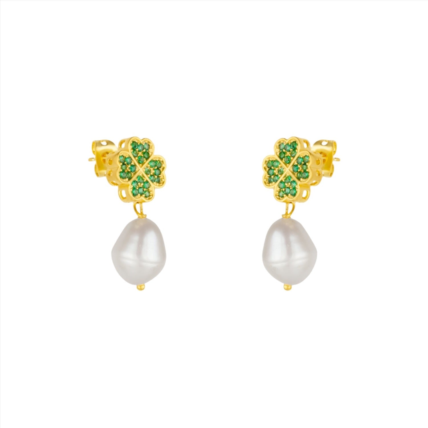 Four Leaves Clover Stud Pearl Drop Earrings In Gold With Green Gemstones