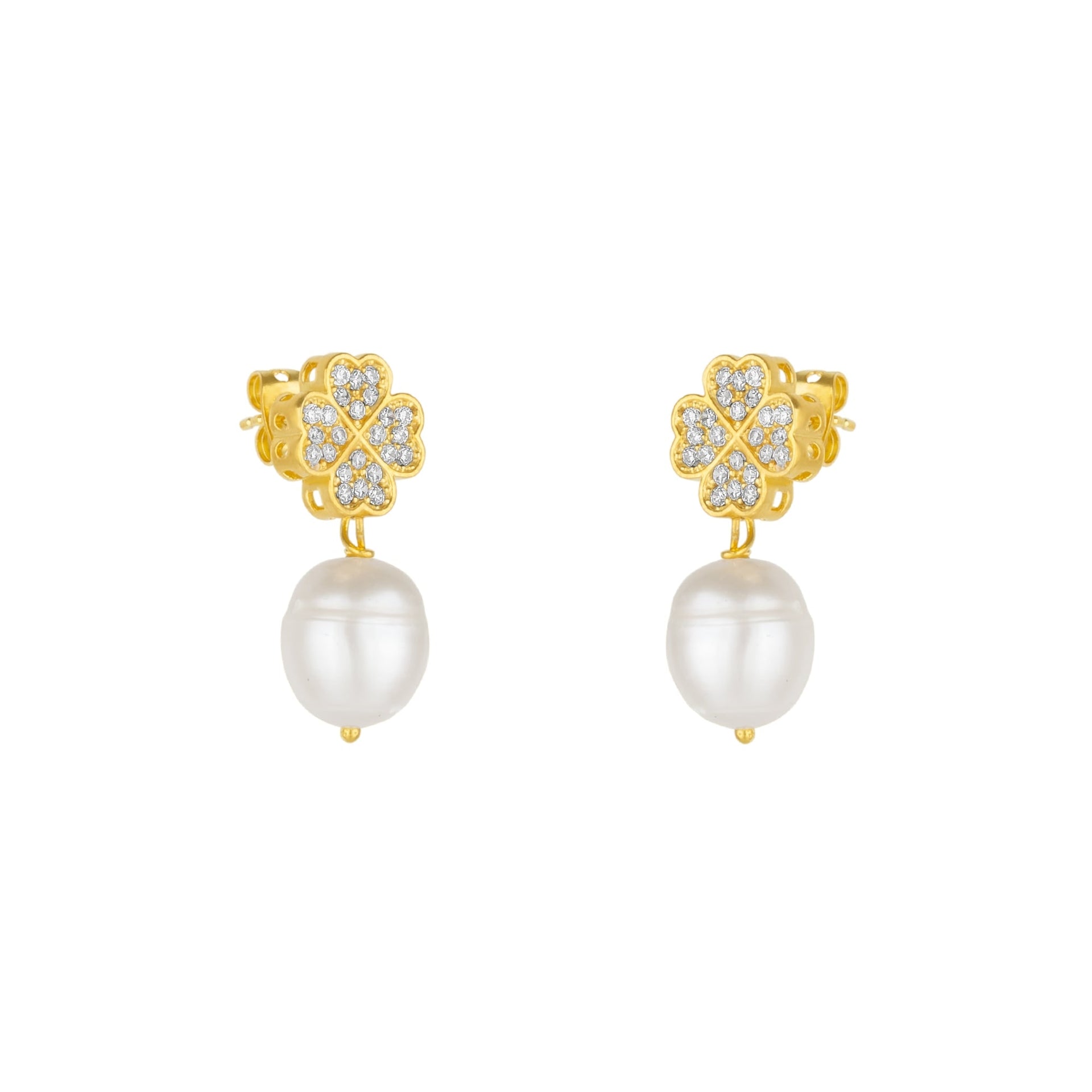 Four Leaves Clover Stud Pearl Drop Earring In Gold With White Gemstones