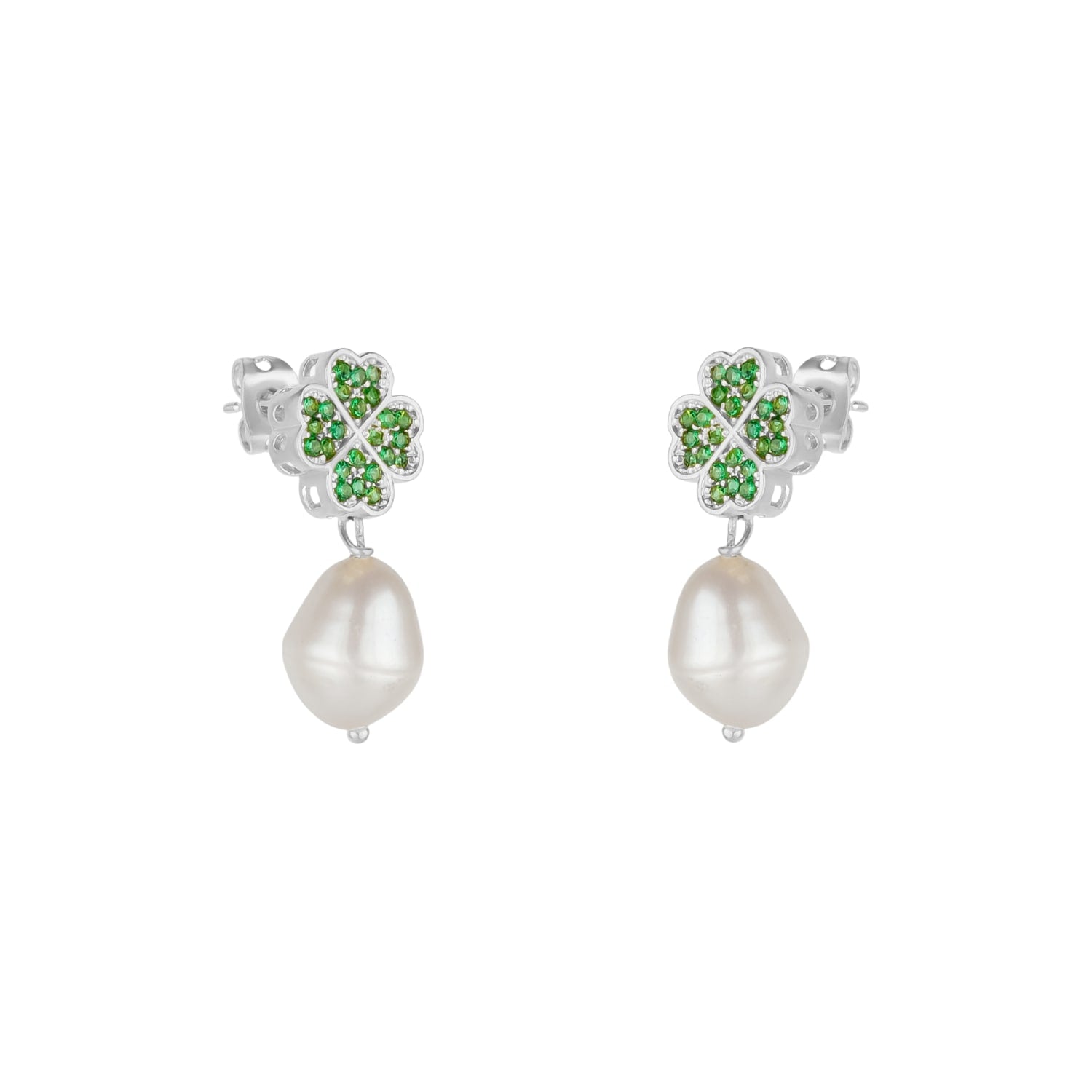 Four Leaves Clover Stud Pearl Drop Earring In Silver Green Gemstones
