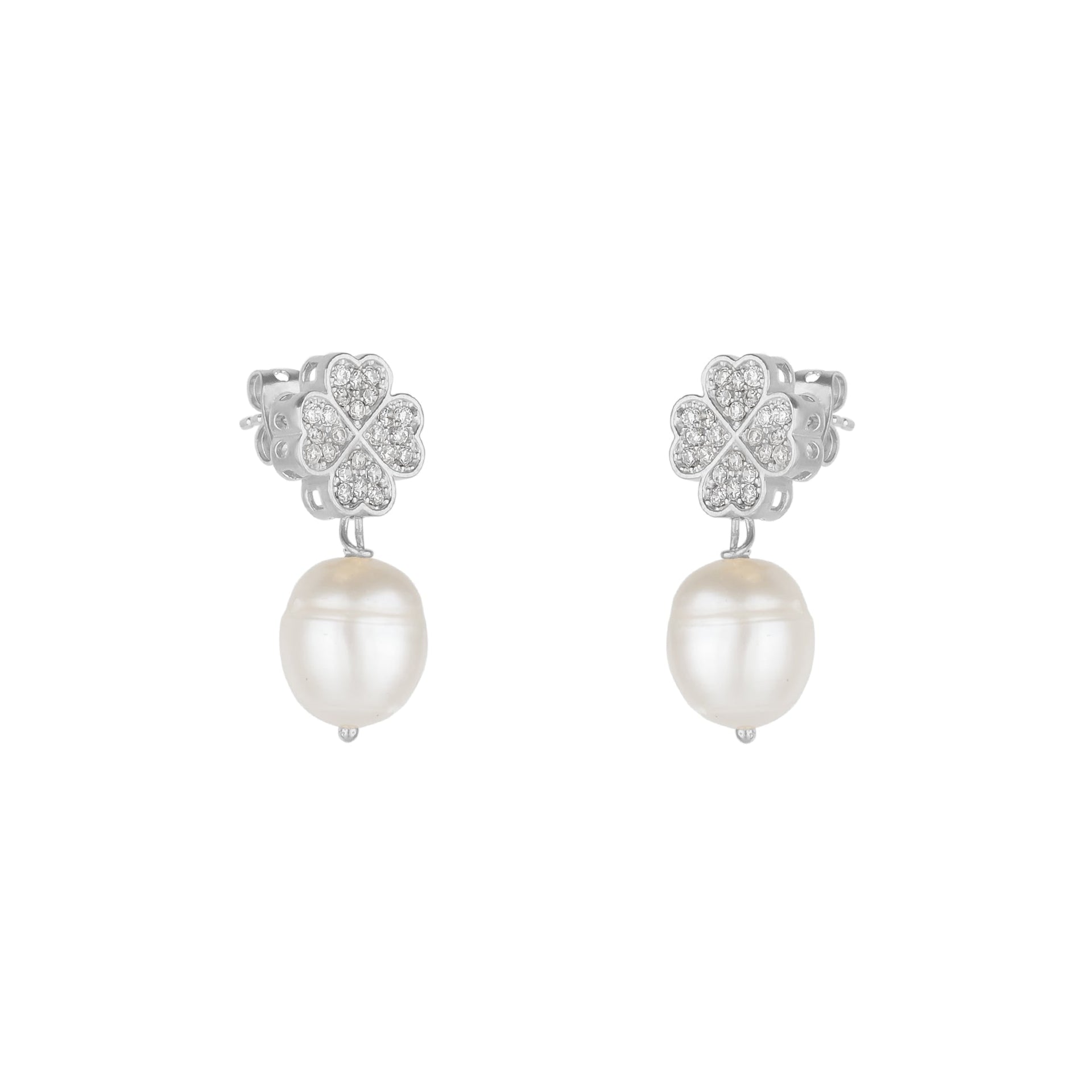 Four Leaves Clover Stud Pearl Drop Earring In Silver With White Gemstones