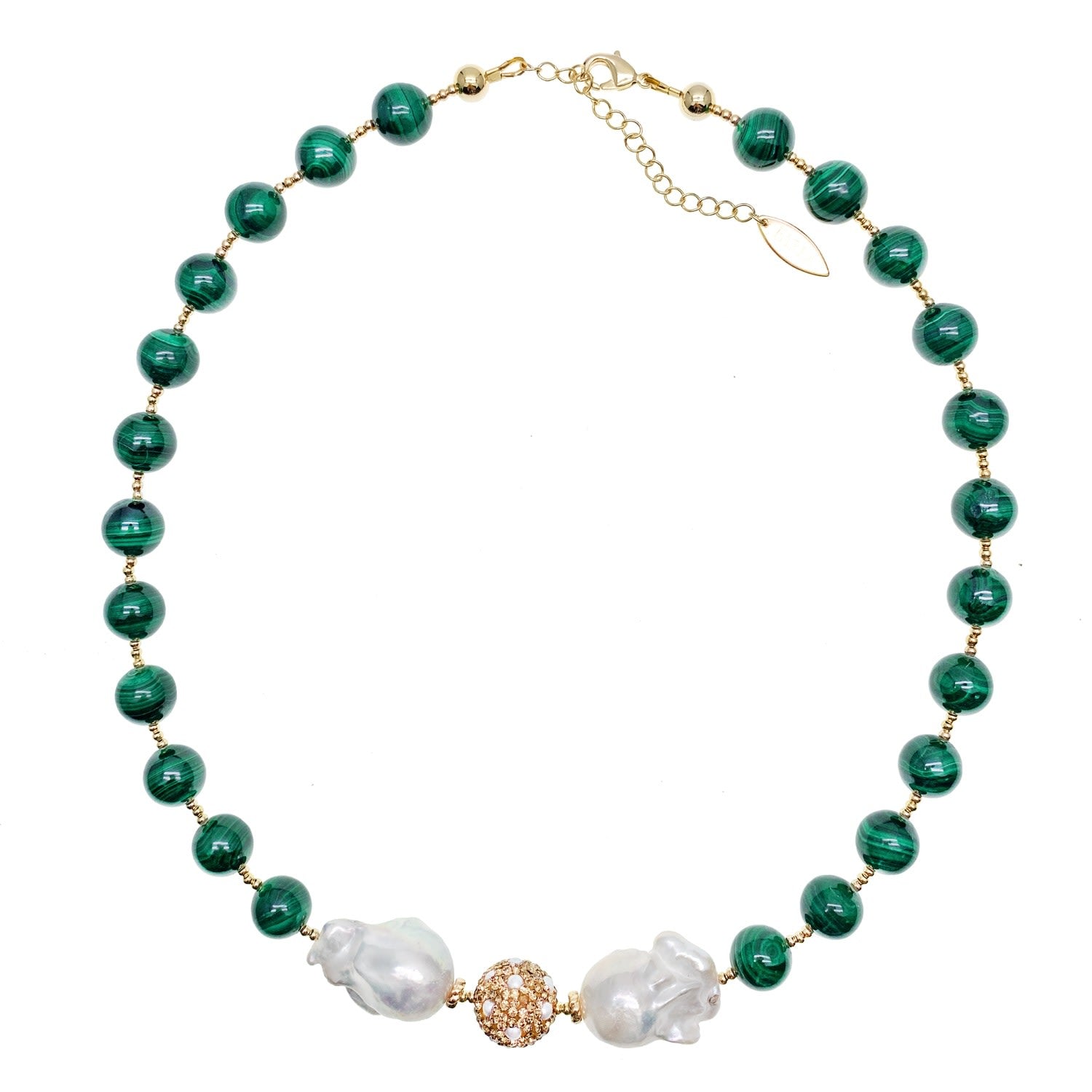 Malachite Stones With Baroques Pearls Sophisticated Necklace