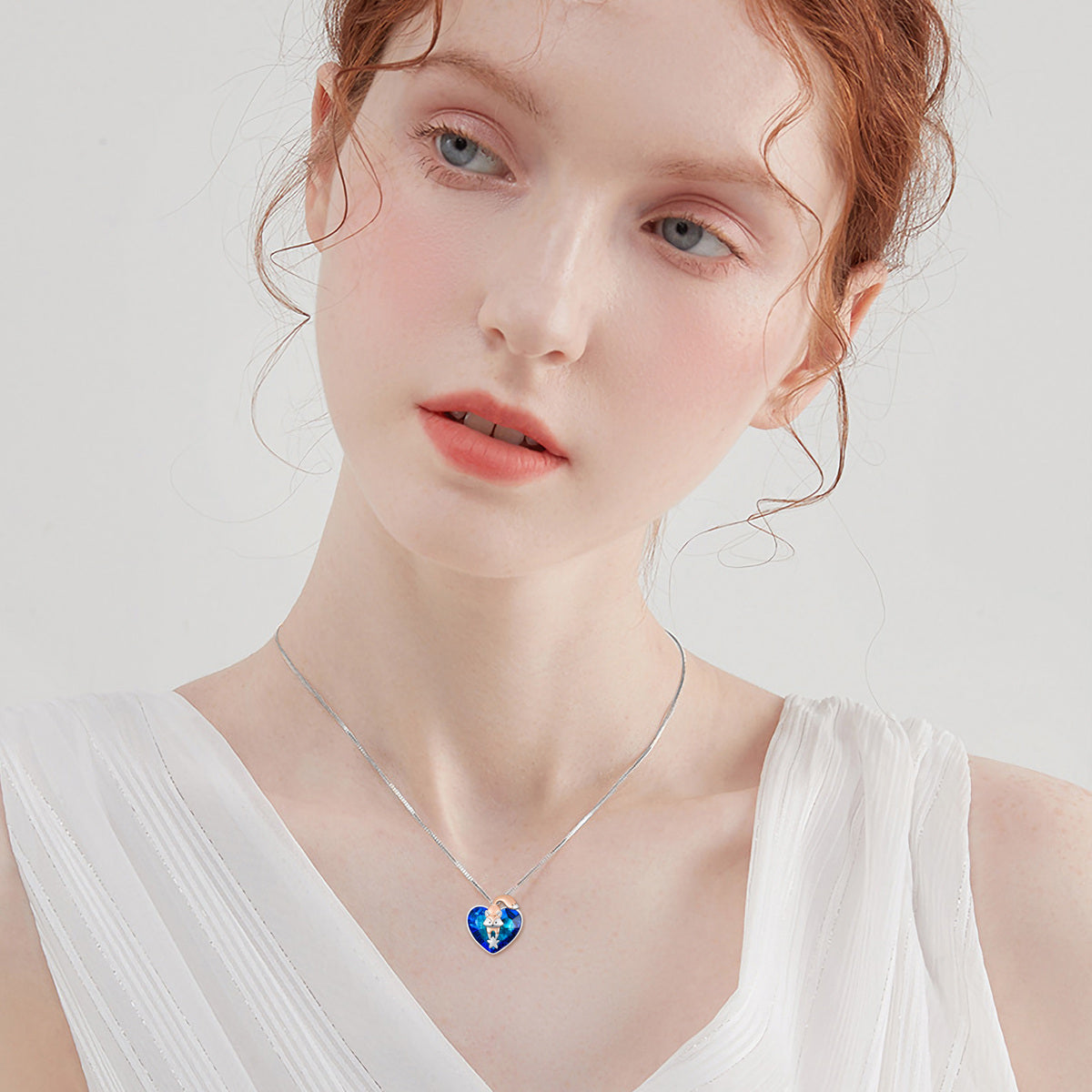 Sterling Silver Two-tone Heart Shaped Fox & Star Crystal Pendant Necklace
