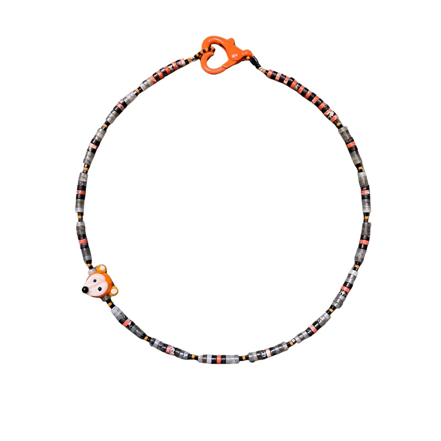 Foxy – Playful Orange & Black Gemstone Necklace With Murano Glass Fox Charm