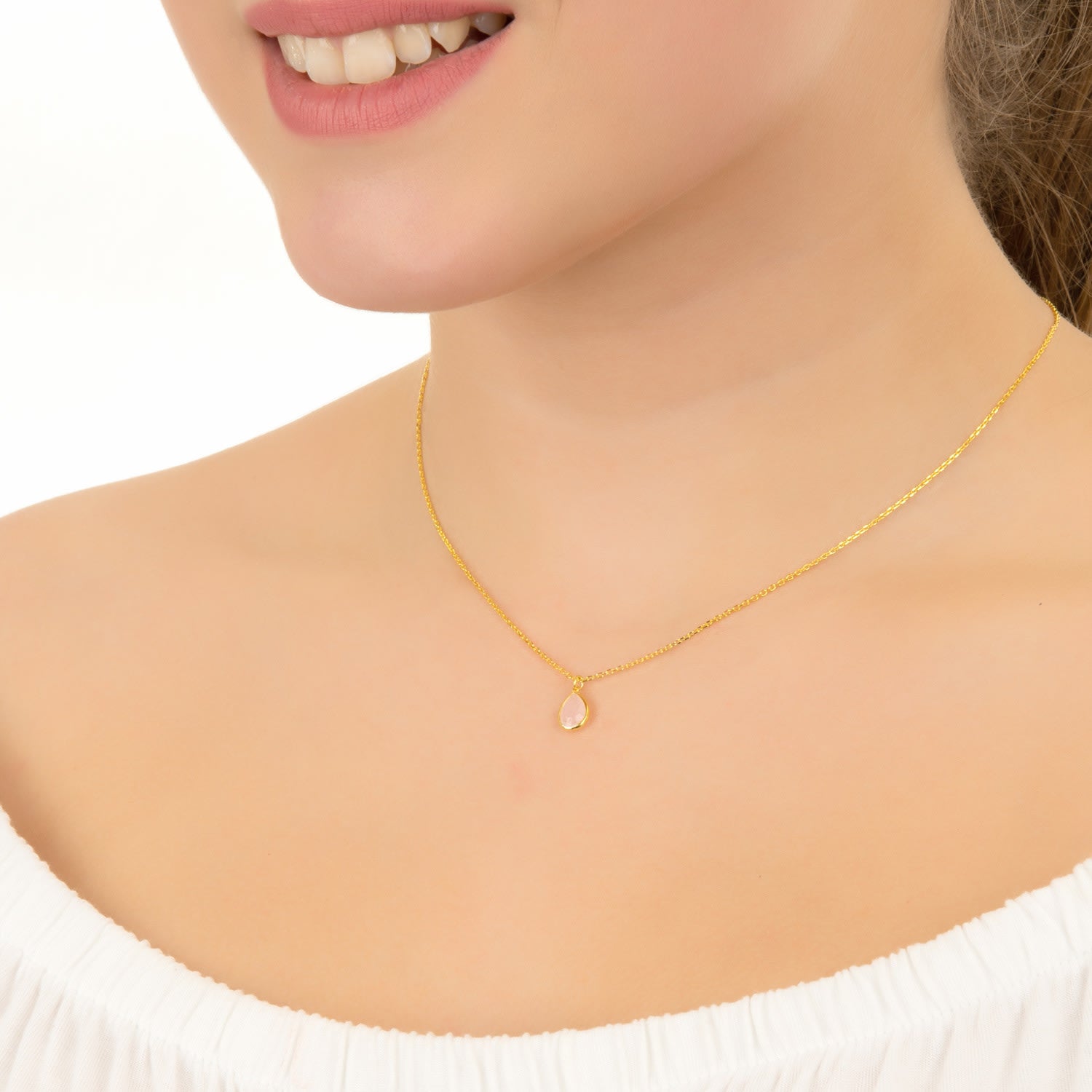 Pisa Mini Teardrop Necklace Gold Rose Quartz