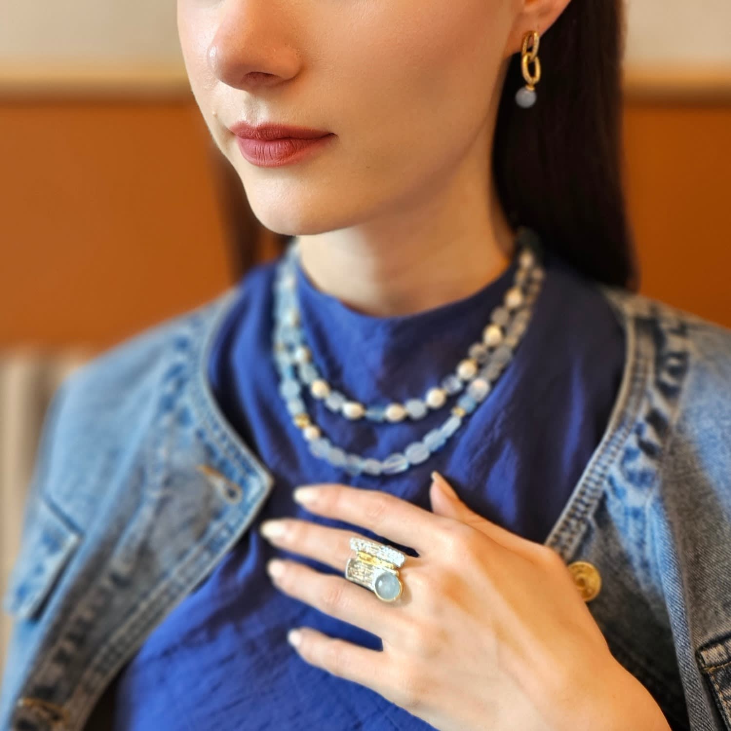 Free Style Irregular Freshwater Pearls With Aquamarine Short Necklace