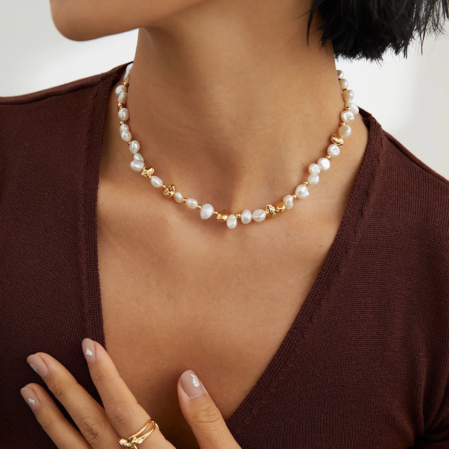 French Style Irregular Freshwater Pearls With Gold Necklace