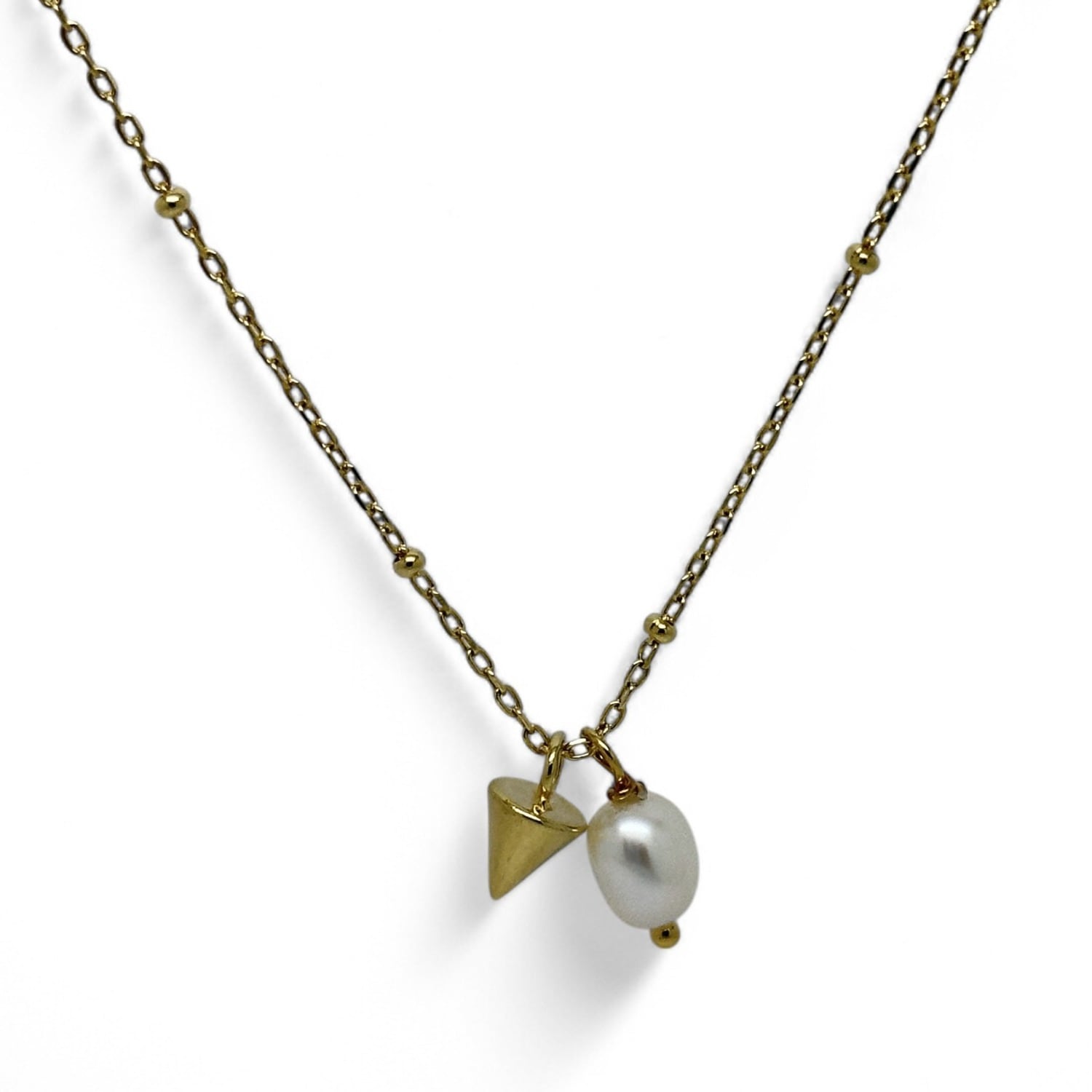 Freshwater Pearl Pendant Necklace With Cone Charm - Gold