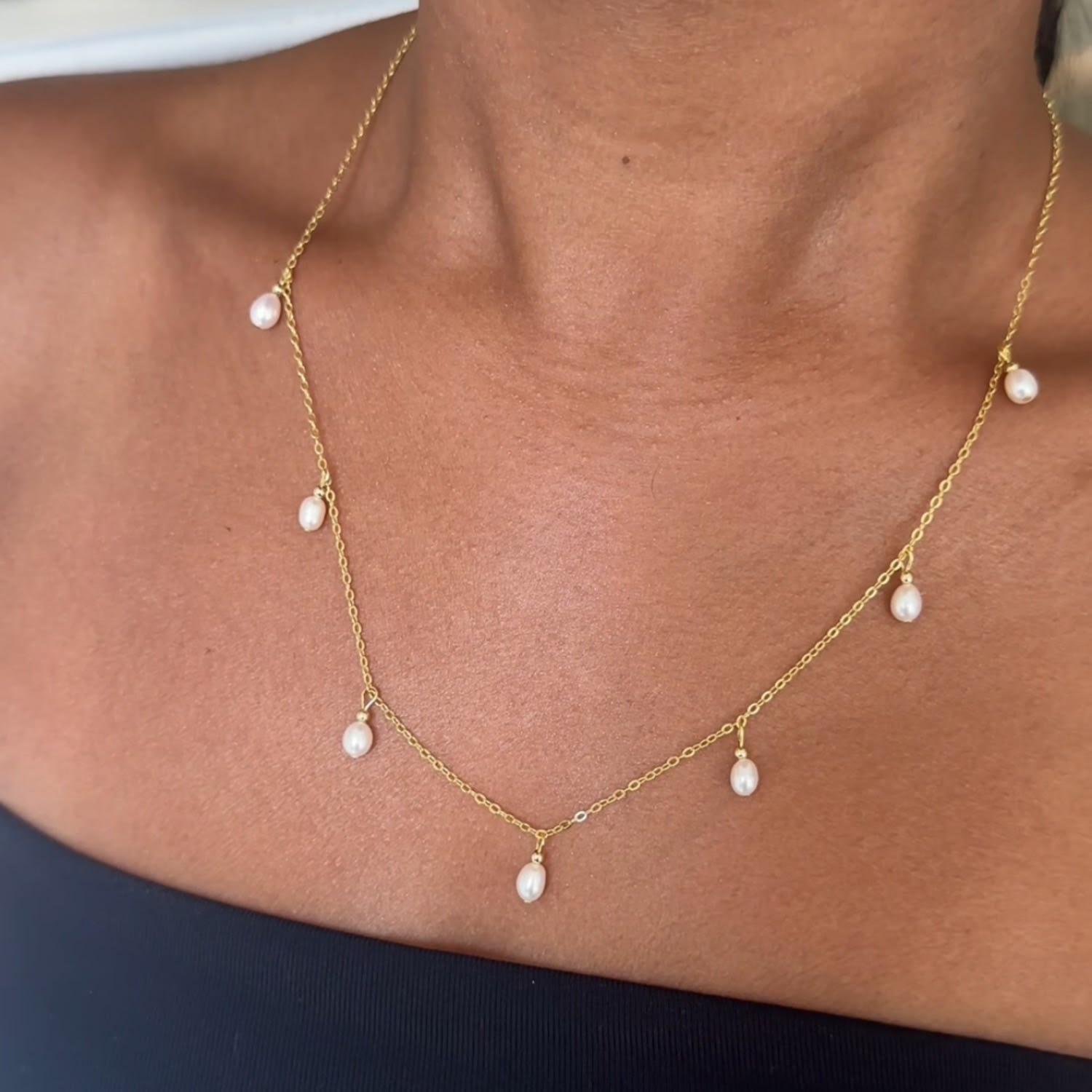 Freshwater Pearl Station Dangle Gold Necklace