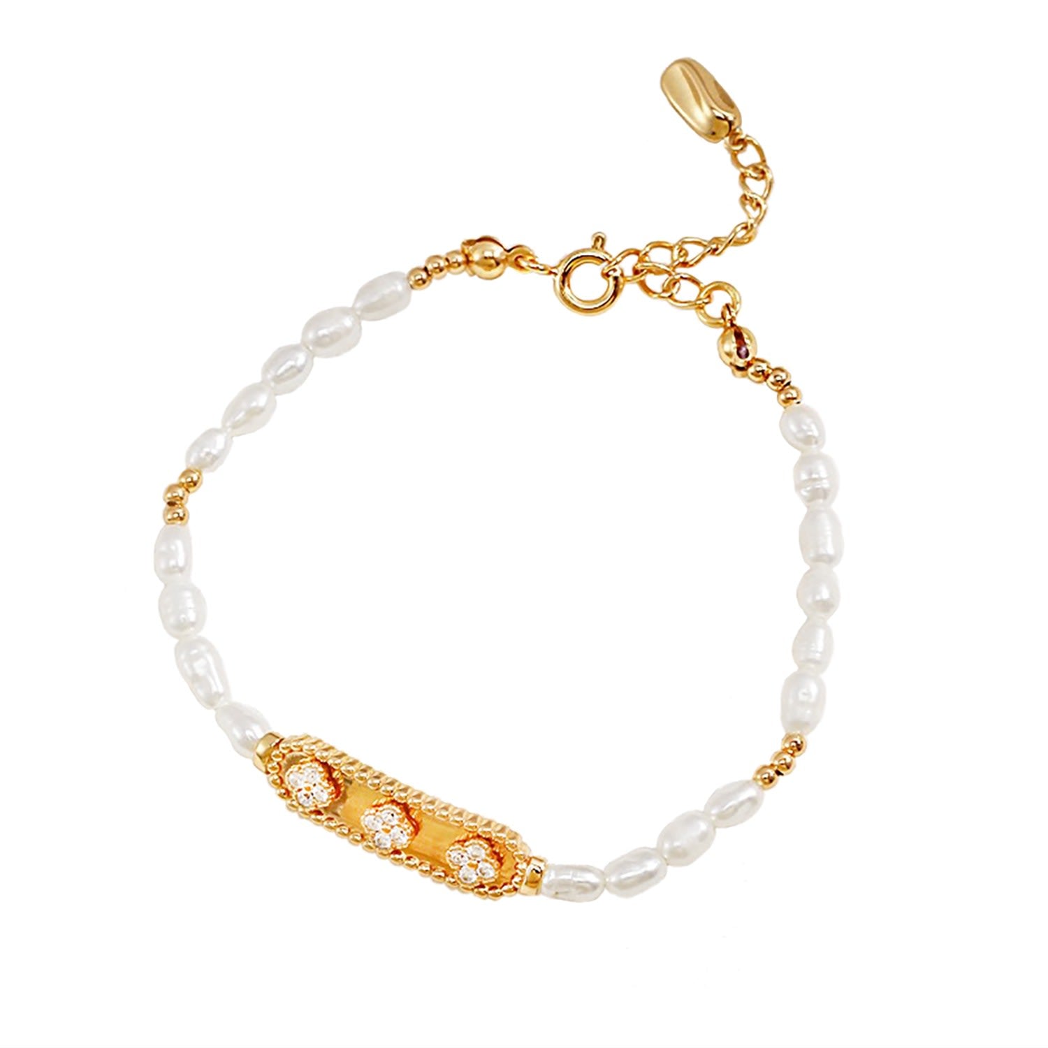 Freshwater Pearl With Stone Silver Bar Bracelet