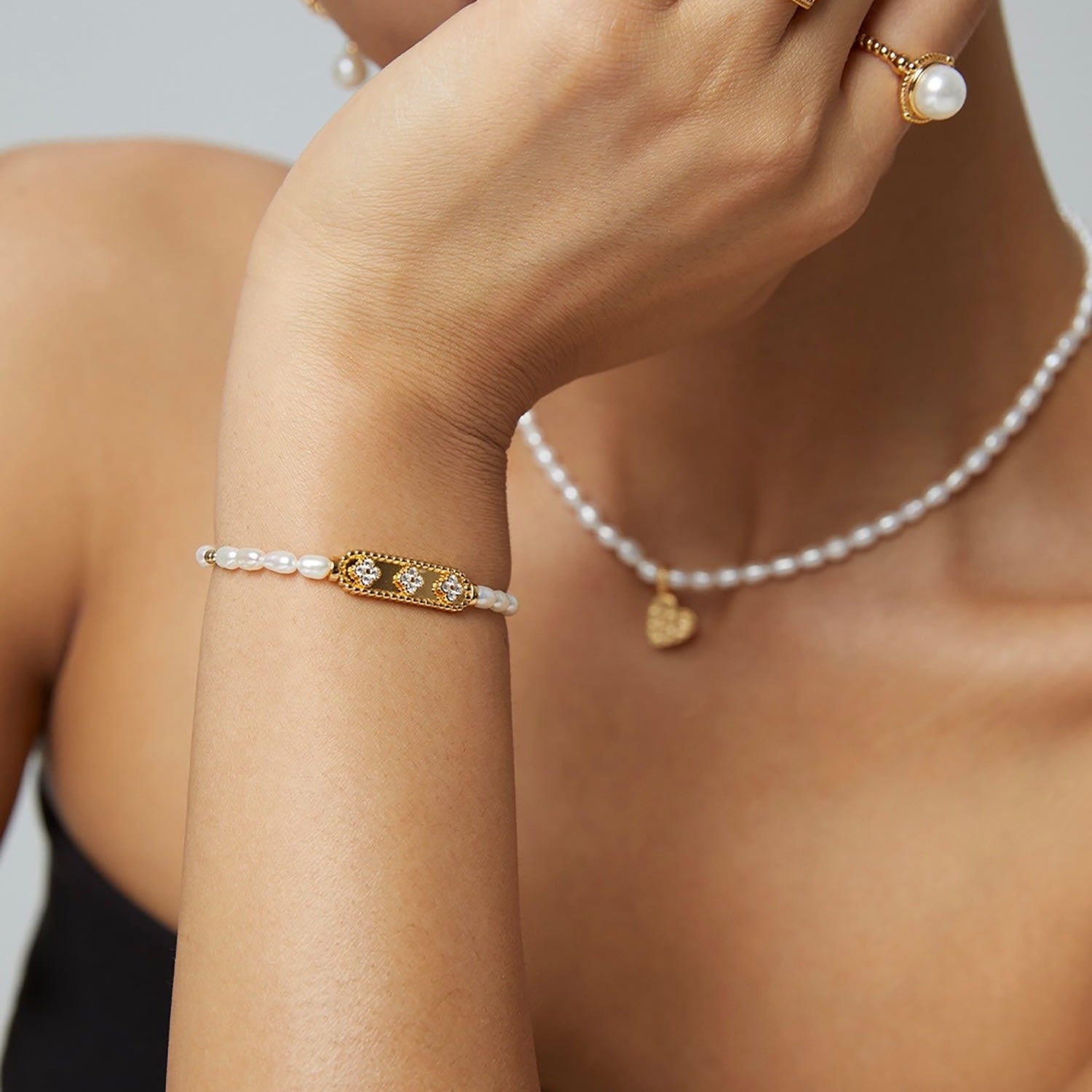 Freshwater Pearl With Stone Silver Bar Bracelet