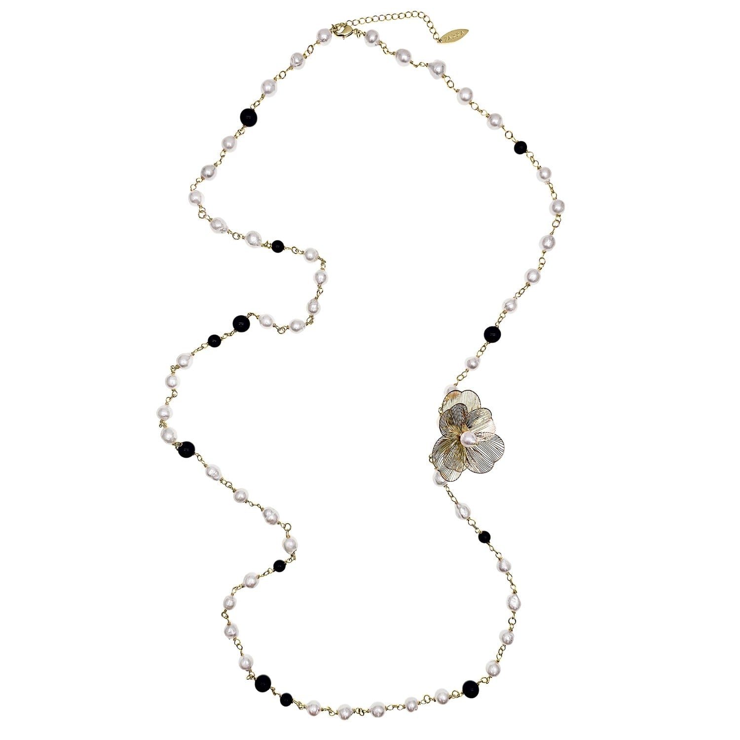 Freshwater Pearls And Black Obsidian With Flower Charm Long Necklace