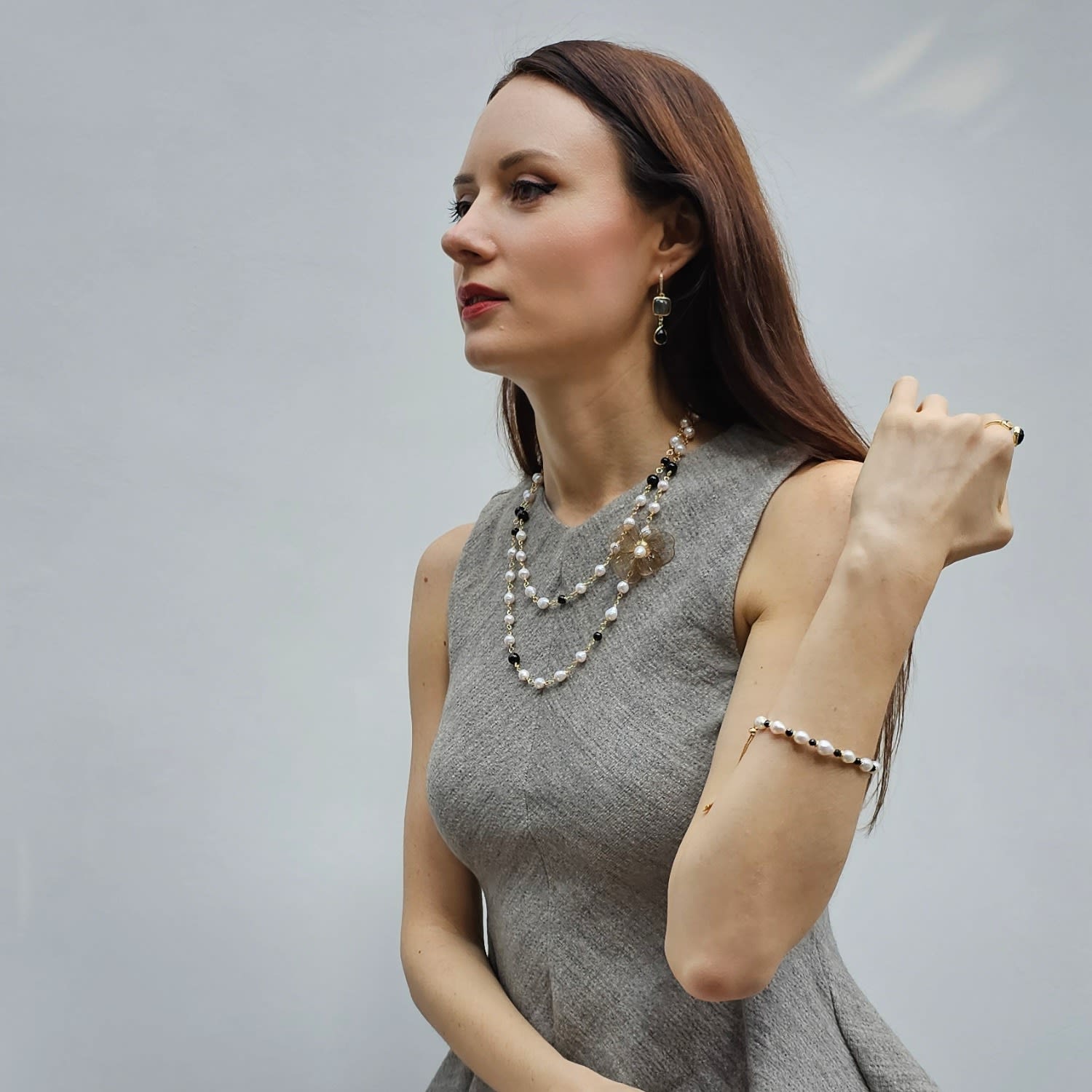 Freshwater Pearls And Black Obsidian With Flower Charm Long Necklace