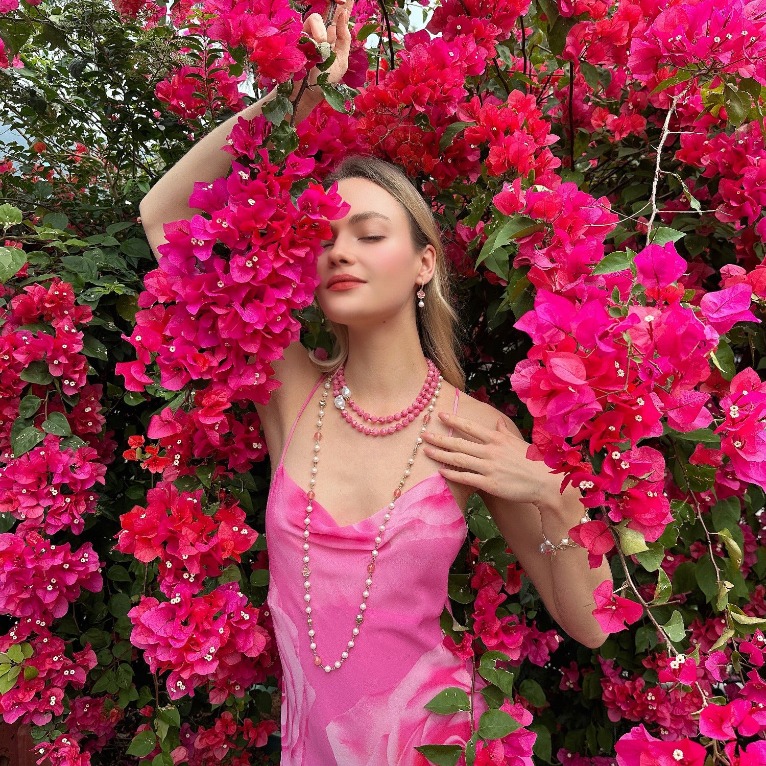 Freshwater Pearls And Pink Watermelon Quartz With Rose Charms Long Necklace