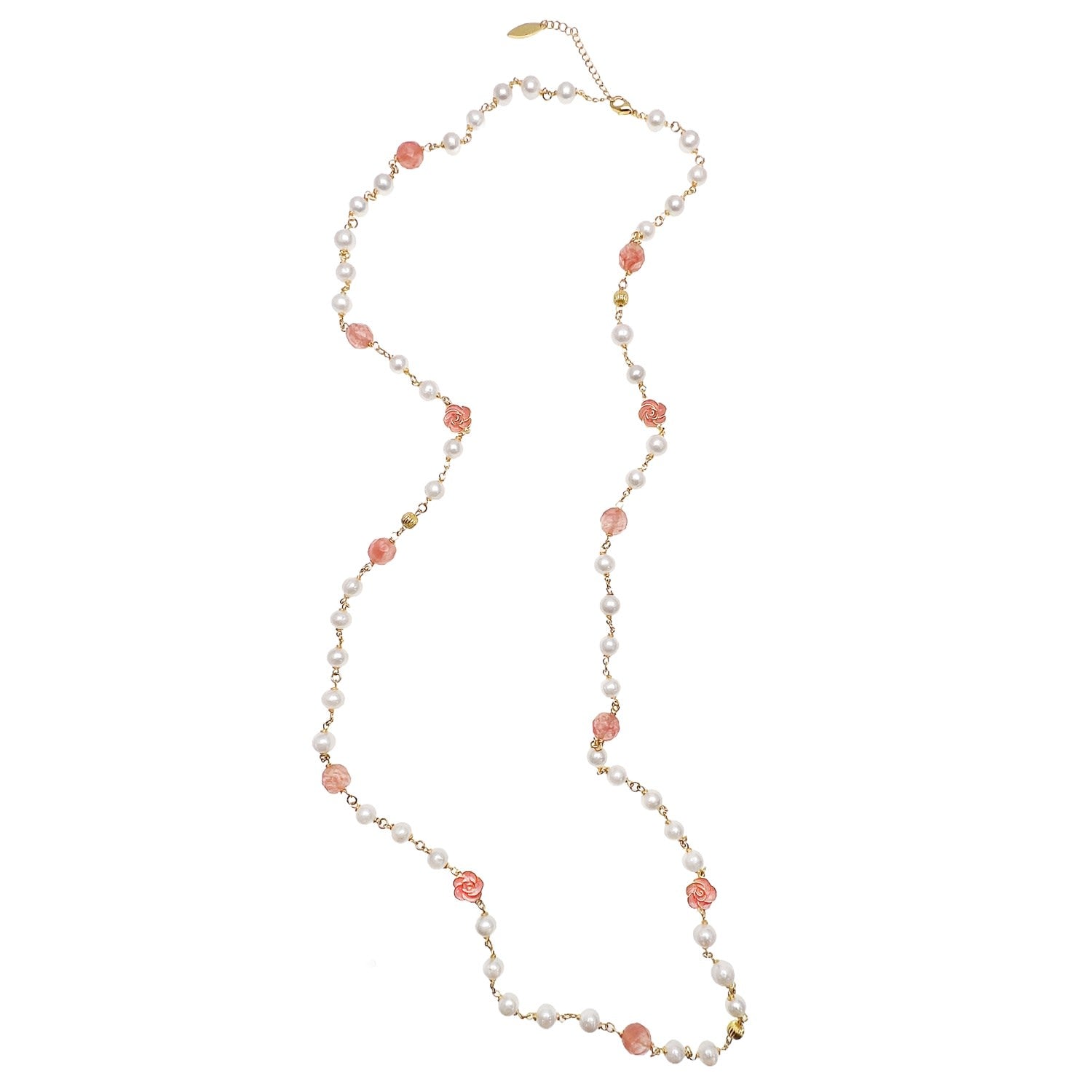 Freshwater Pearls And Pink Watermelon Quartz With Rose Charms Long Necklace