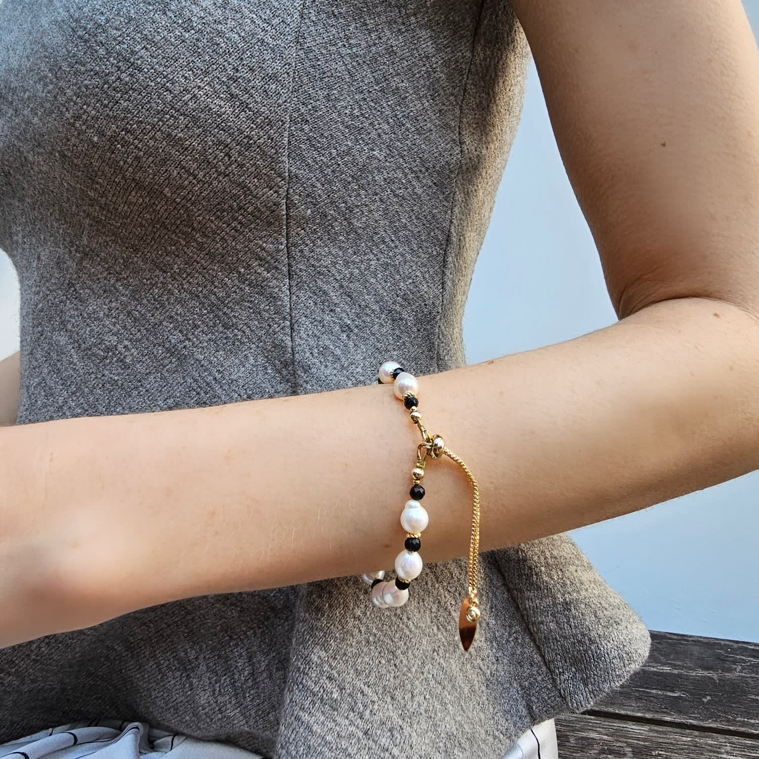 Freshwater Pearls With Black Obsidian Adjustable Bracelet