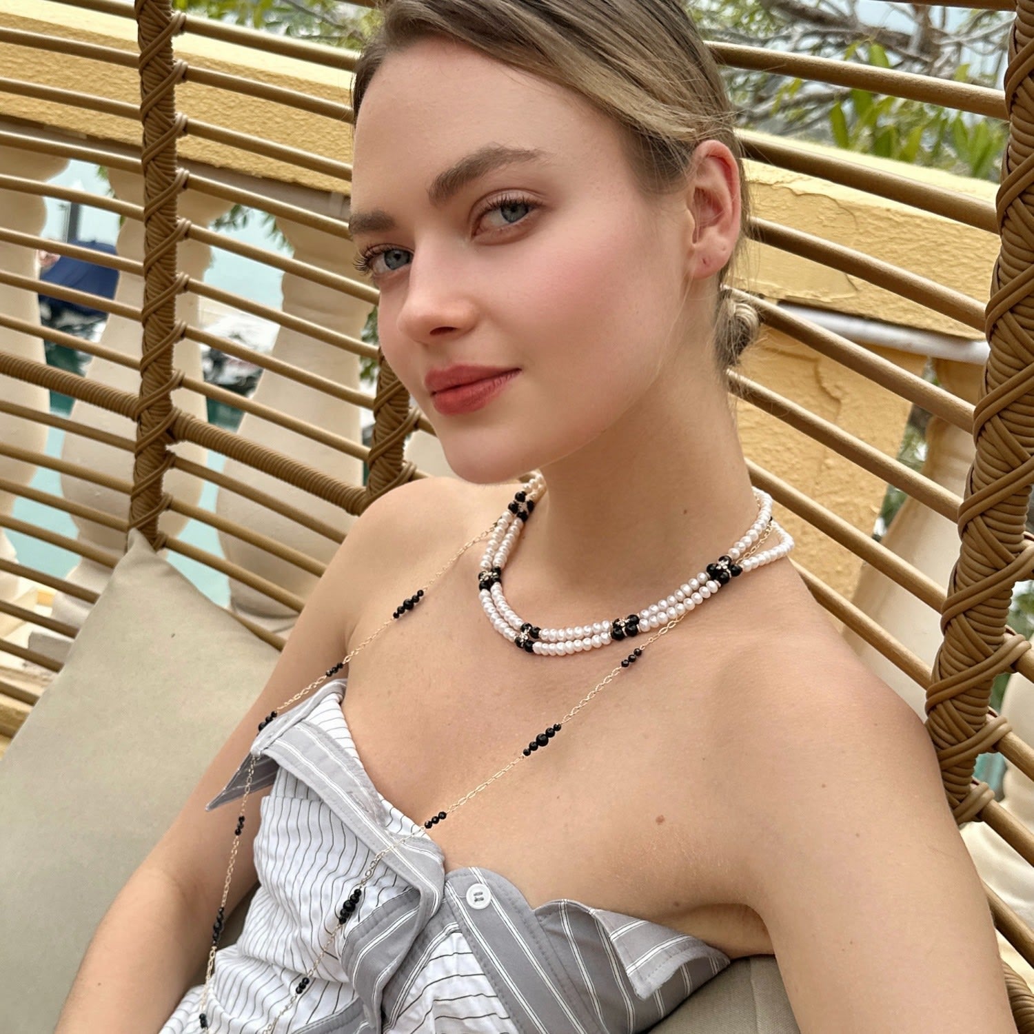 Freshwater Pearls With Black Obsidian And Zircon Stone Statement Collar Necklace