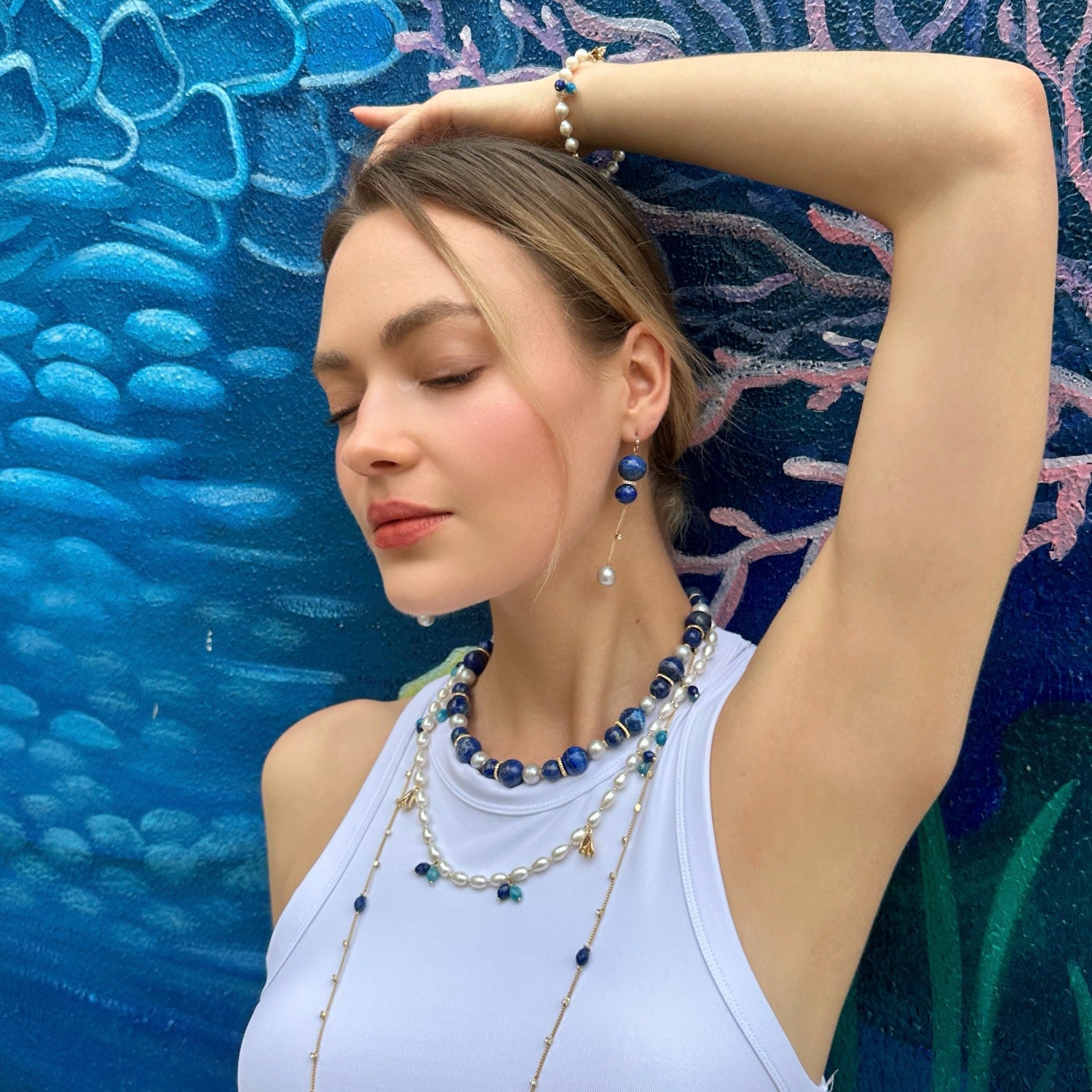 Freshwater Pearls With Blue Gemstone And Flower Charms Necklace