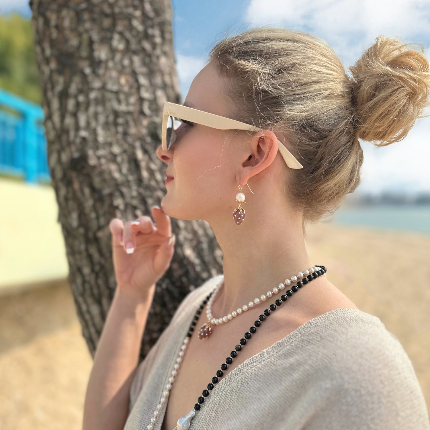 Freshwater Pearls With Glass Strawberry Dangle Earrings