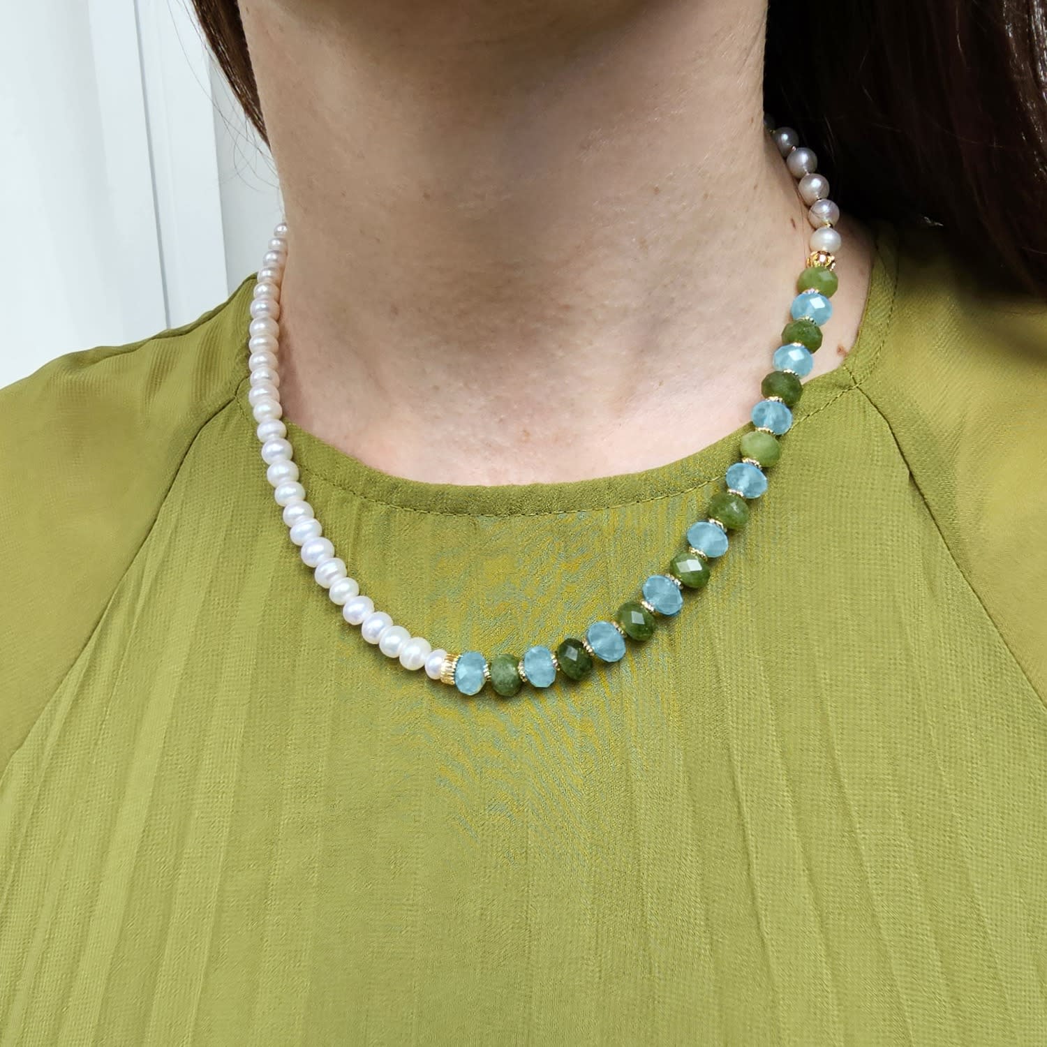 Freshwater Pearls With Green Jade And Opal Color Matching Necklace