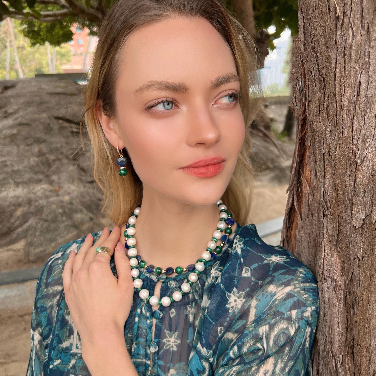 Freshwater Pearls With Green Malachite Beads Spacer Necklace