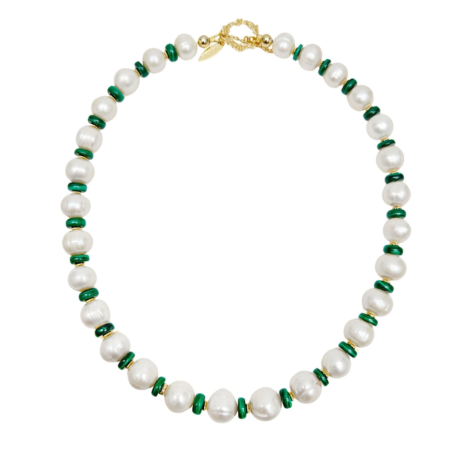 Freshwater Pearls With Green Malachite Beads Spacer Necklace