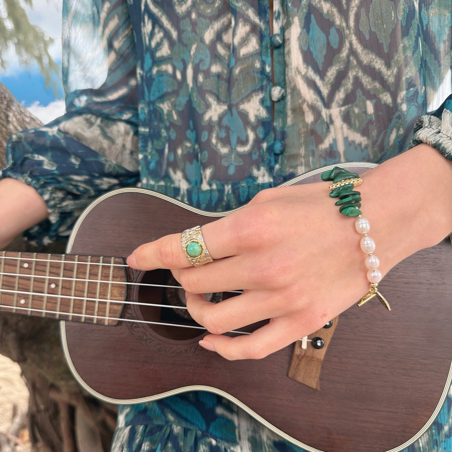 Freshwater Pearls With Irregular Malachite Bracelet