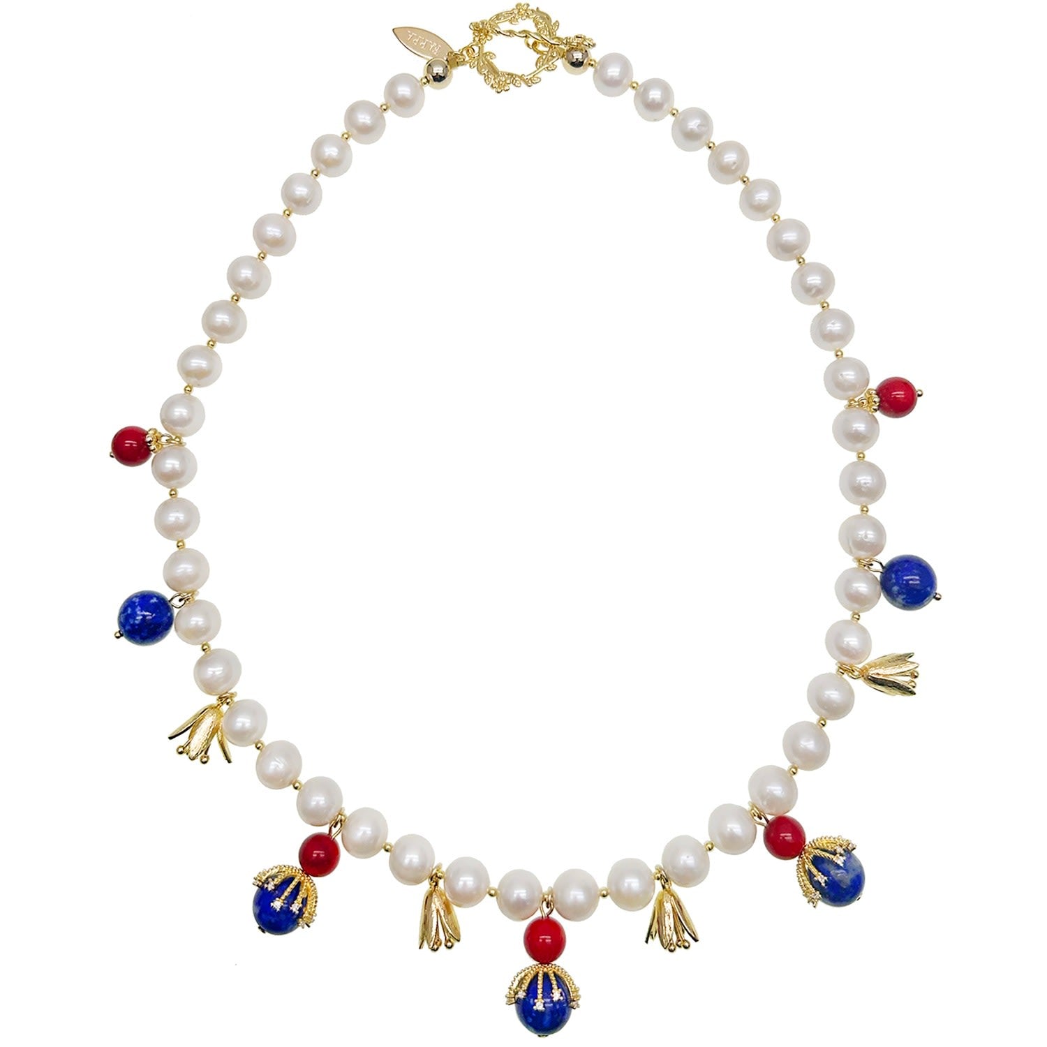 Freshwater Pearls With Lapis And Red Coral Pendents Statement Necklace