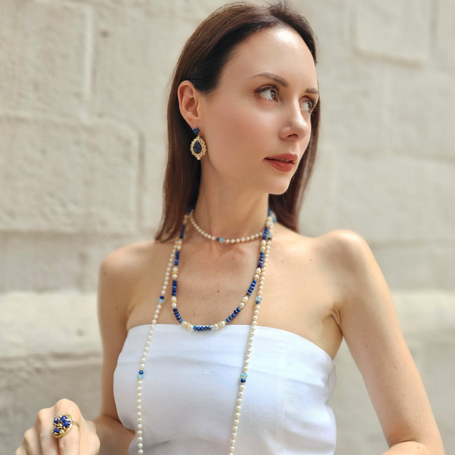Freshwater Pearls With Lapis Opera Long Necklace