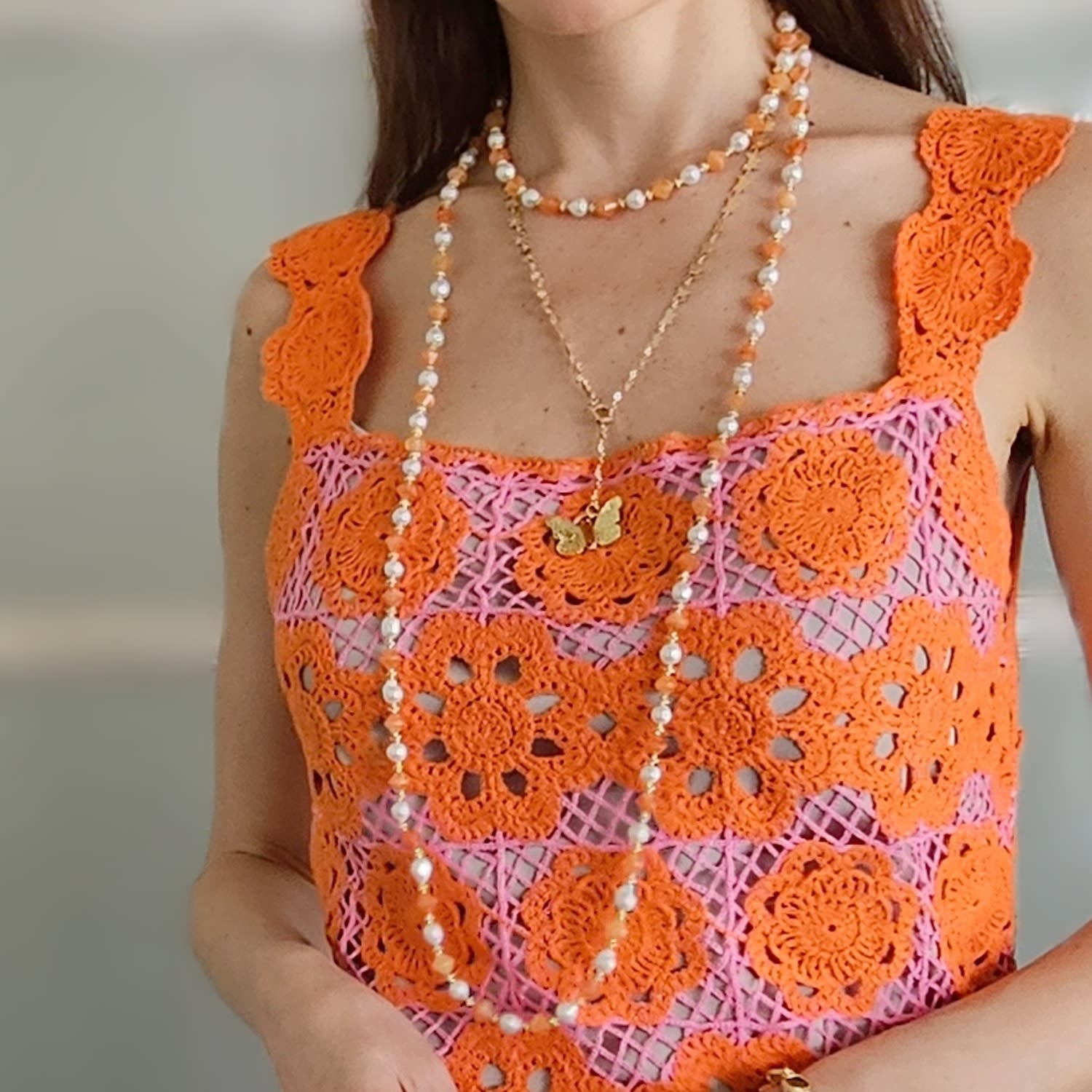 Freshwater Pearls With Orange Jade Long Necklace