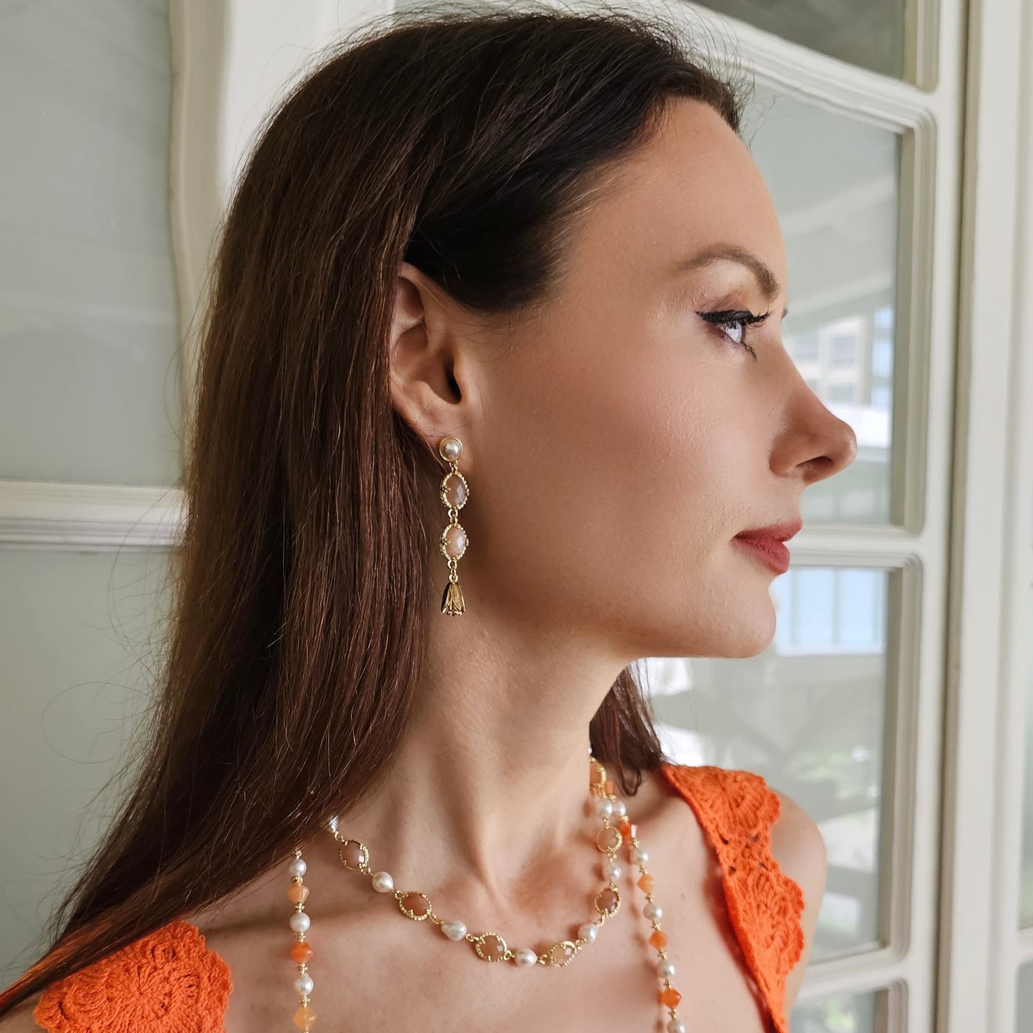 Freshwater Pearls With Orange Moonstone Statement Necklace