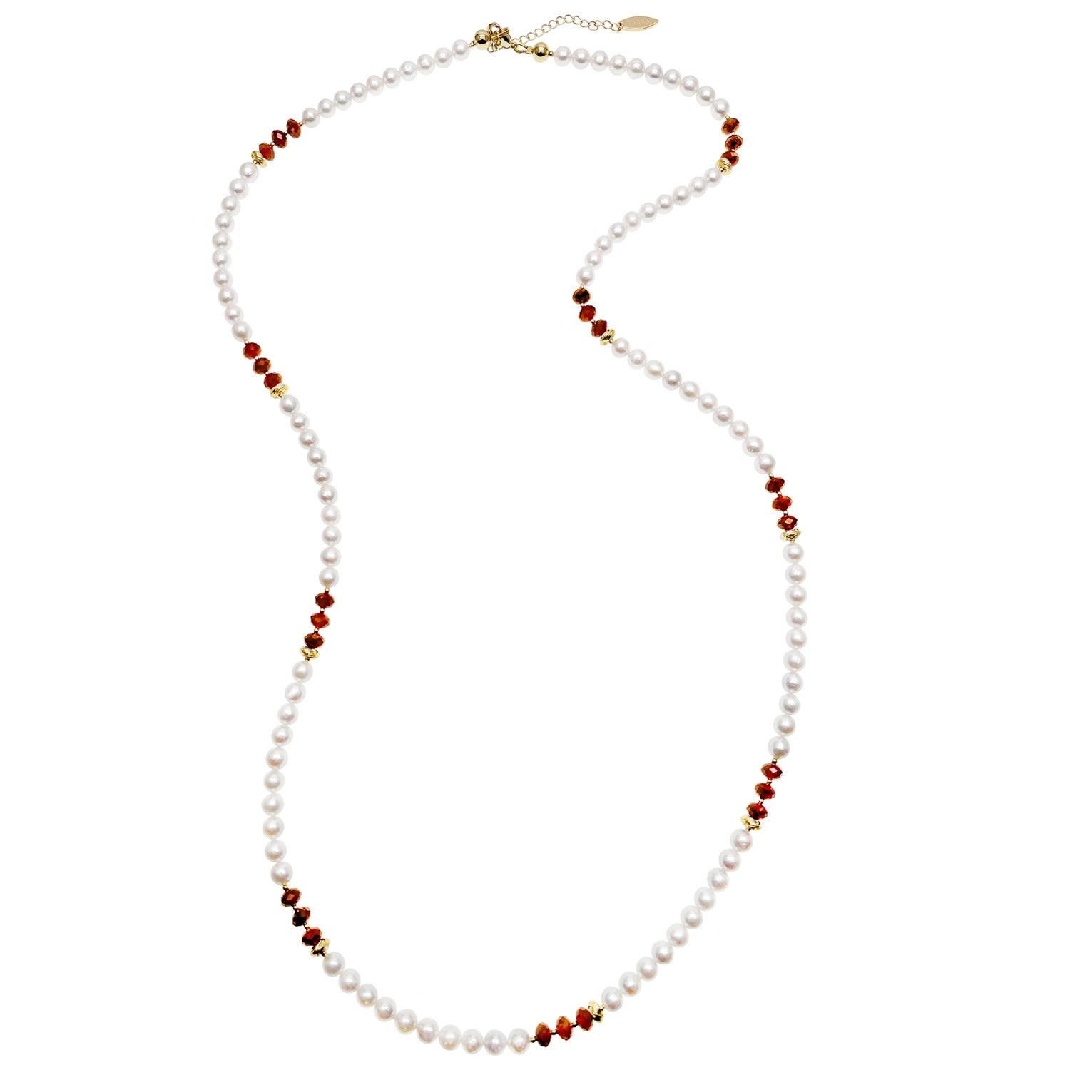 Freshwater Pearls With Orange Natural Garnet Long Necklace