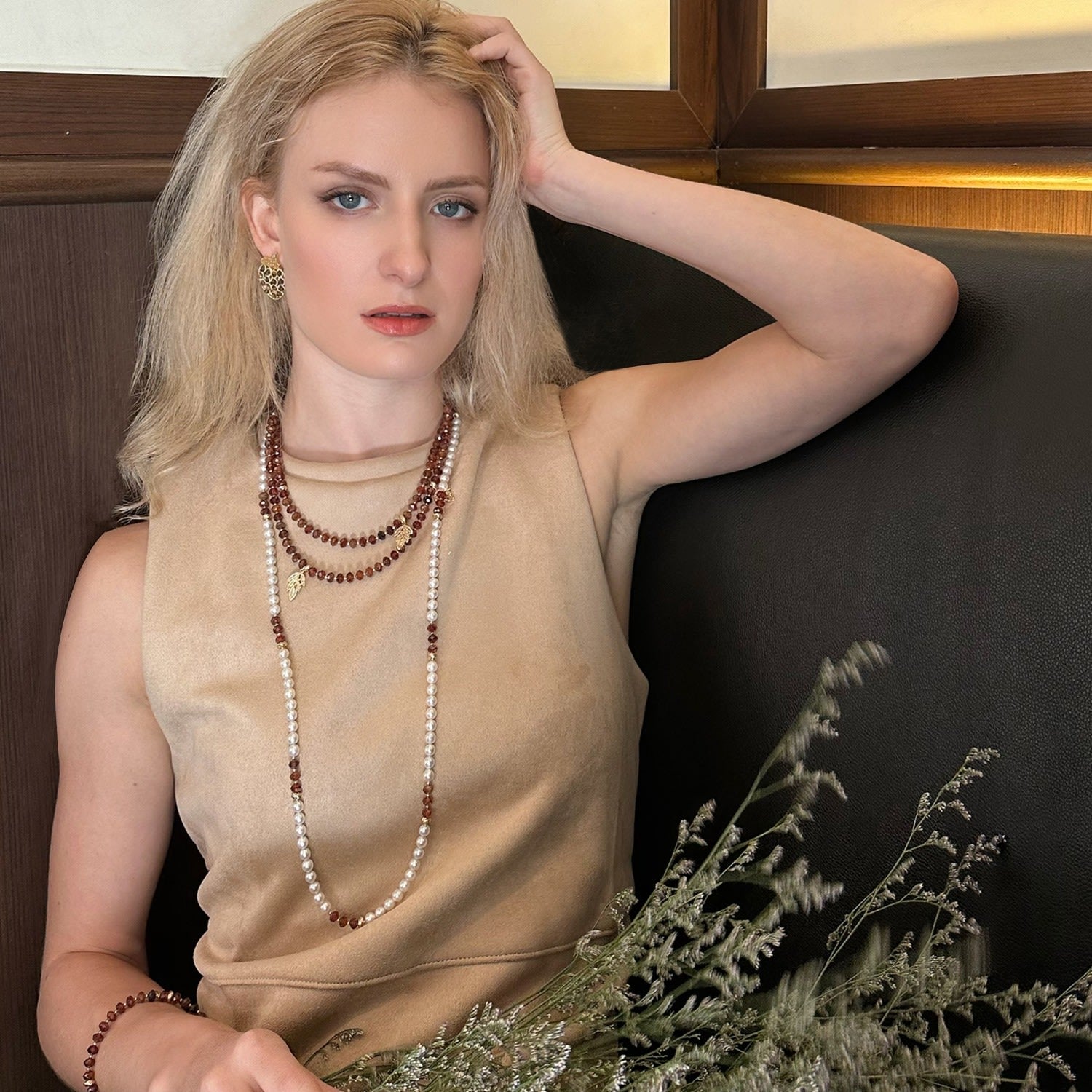 Freshwater Pearls With Orange Natural Garnet Long Necklace