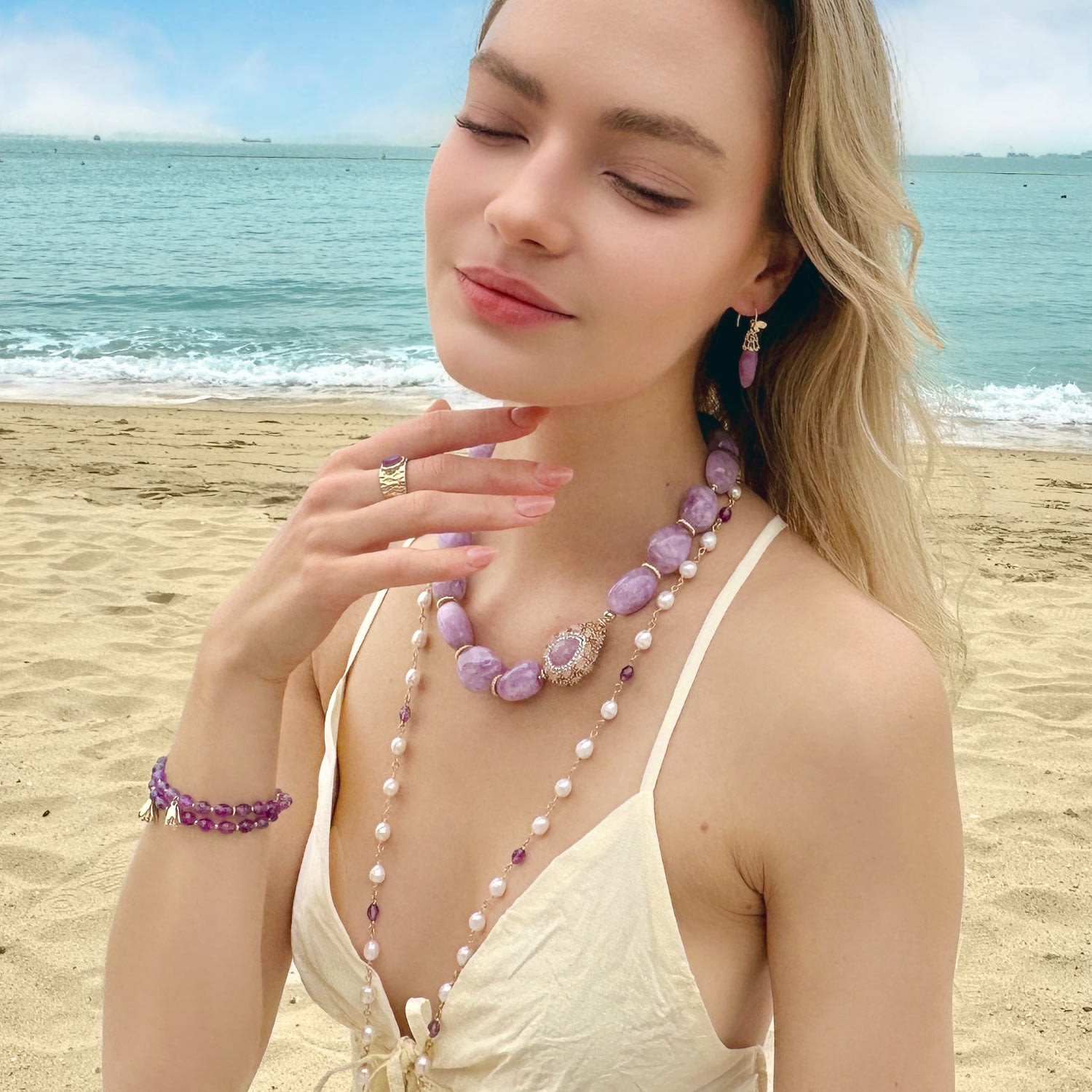 Freshwater Pearls With Purple Amethyst Long Necklace