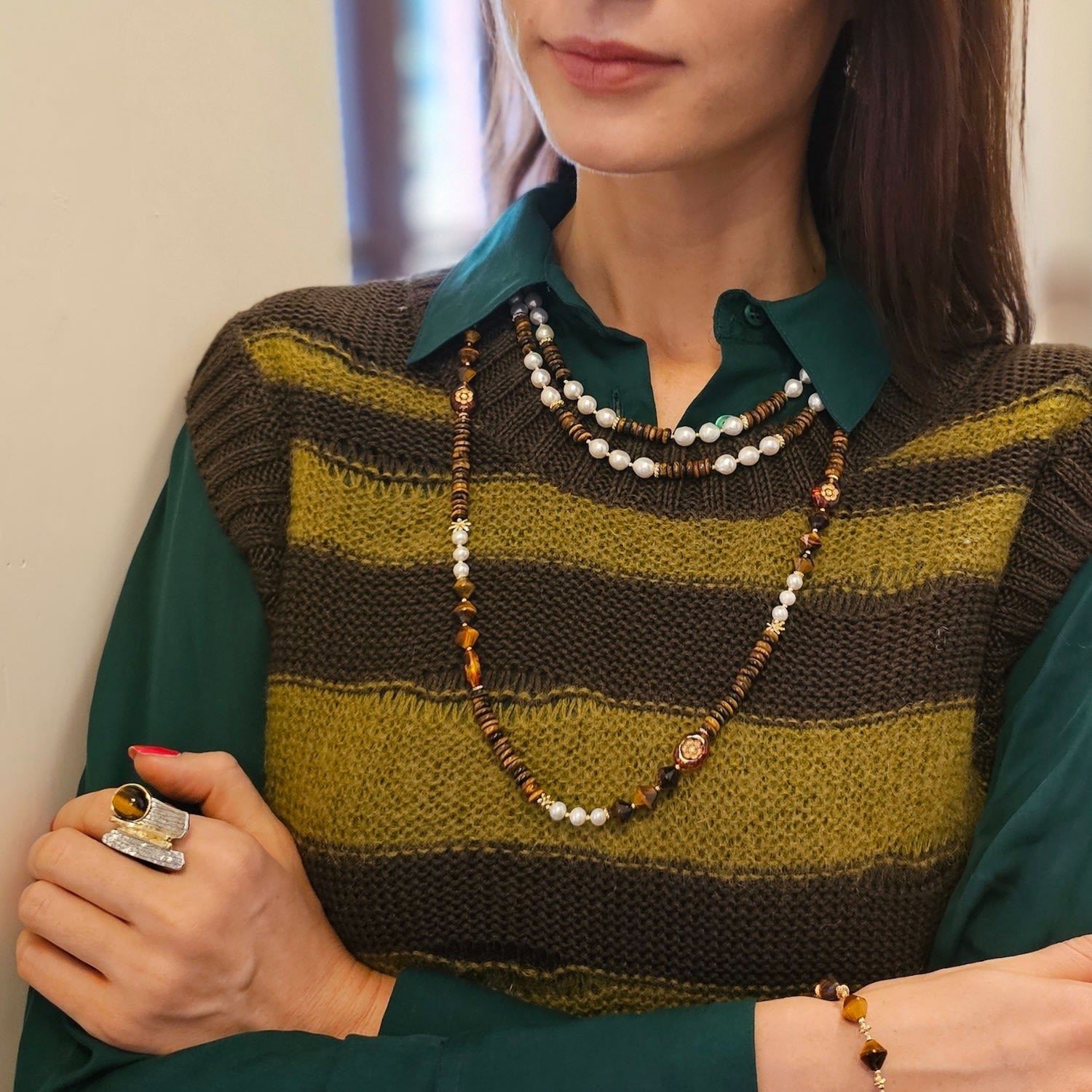 Freshwater Pearls With Tiger Eye Double Layers Necklace