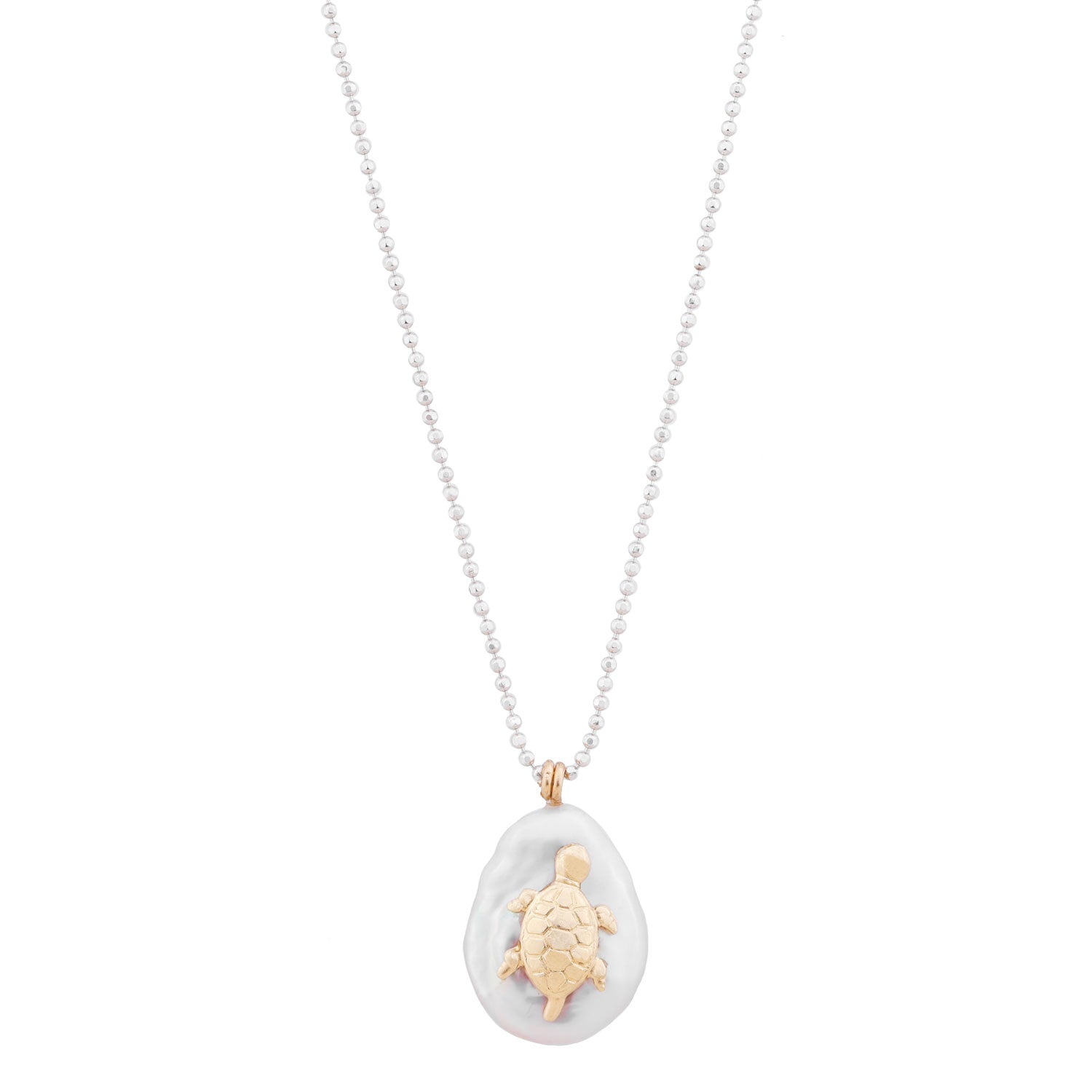 Freshwater White Baroque Pearl Gold Turtle Charm Sterling Silver Chain