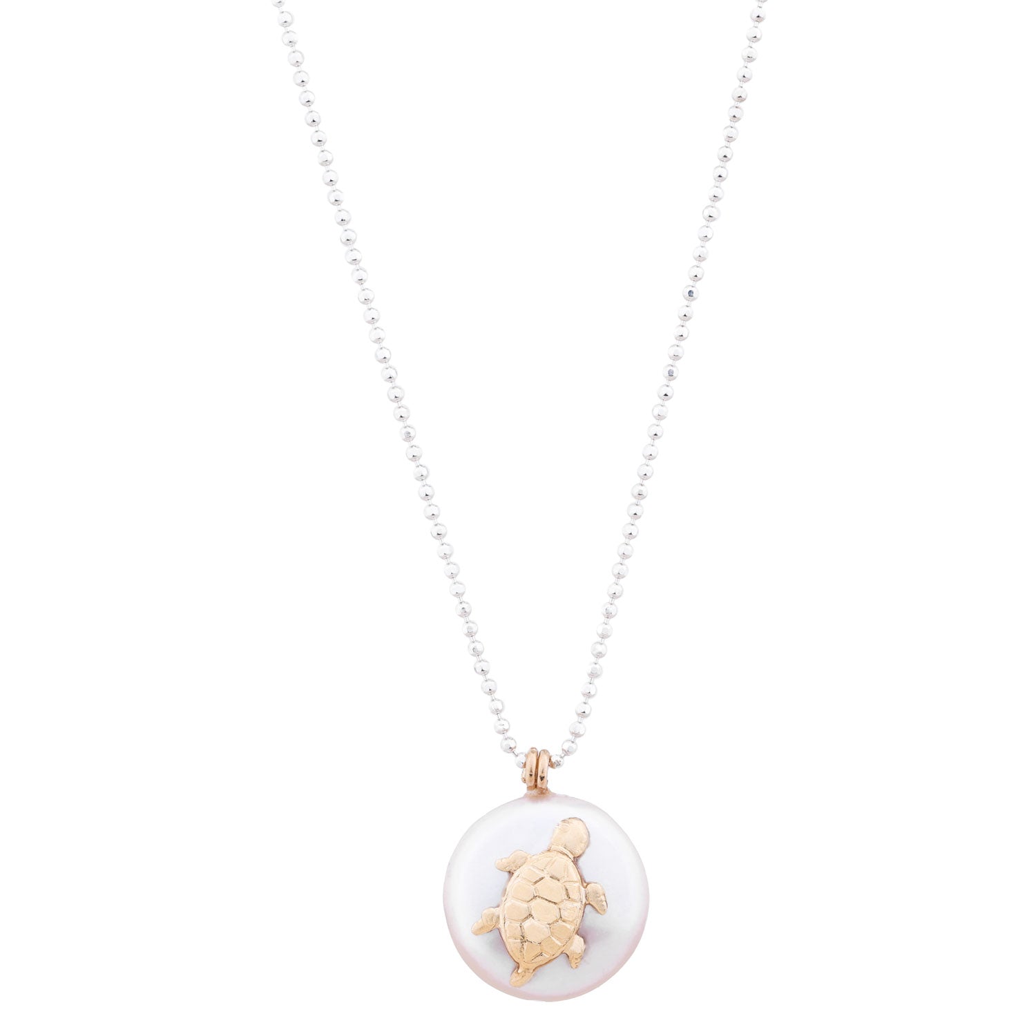 Freshwater White Round Pearl Pendant Gold Turtle Charm Silver Chain