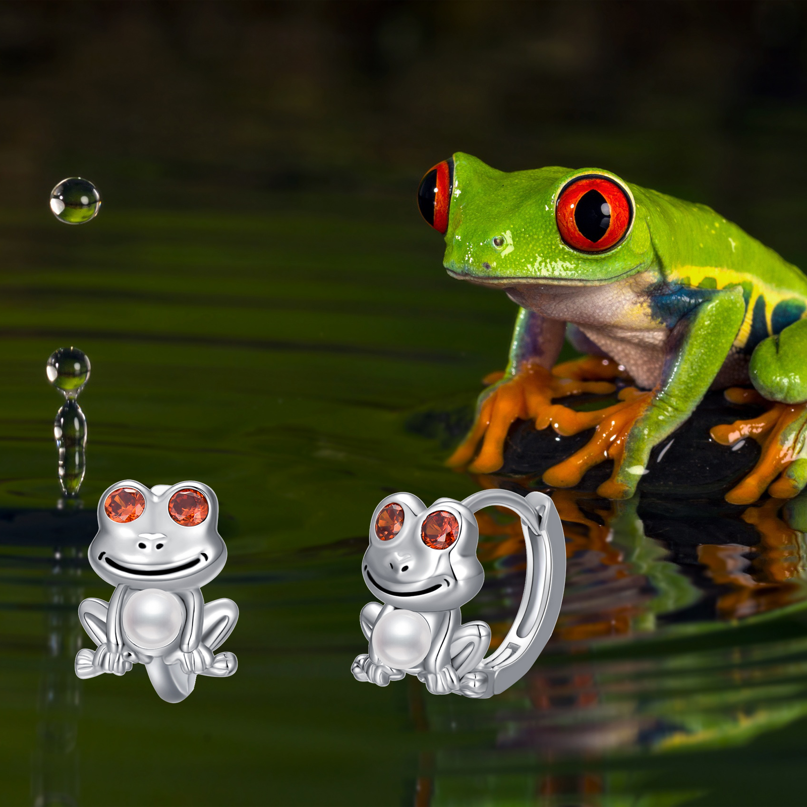 Sterling Silver Cubic Zirconia & Pearl Frog Hoop Earrings