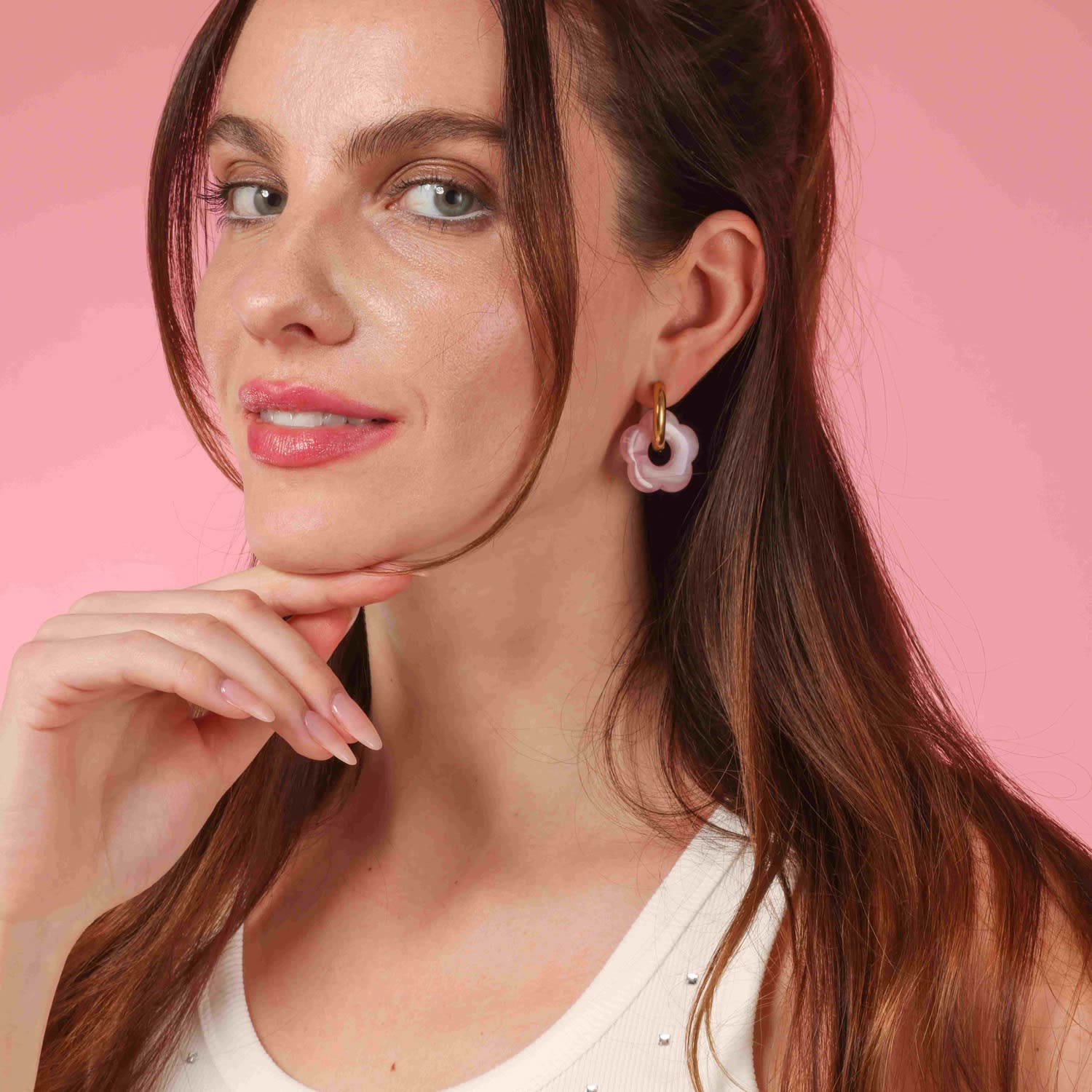 Frosted Resin Floral Drops On Gold Hoops