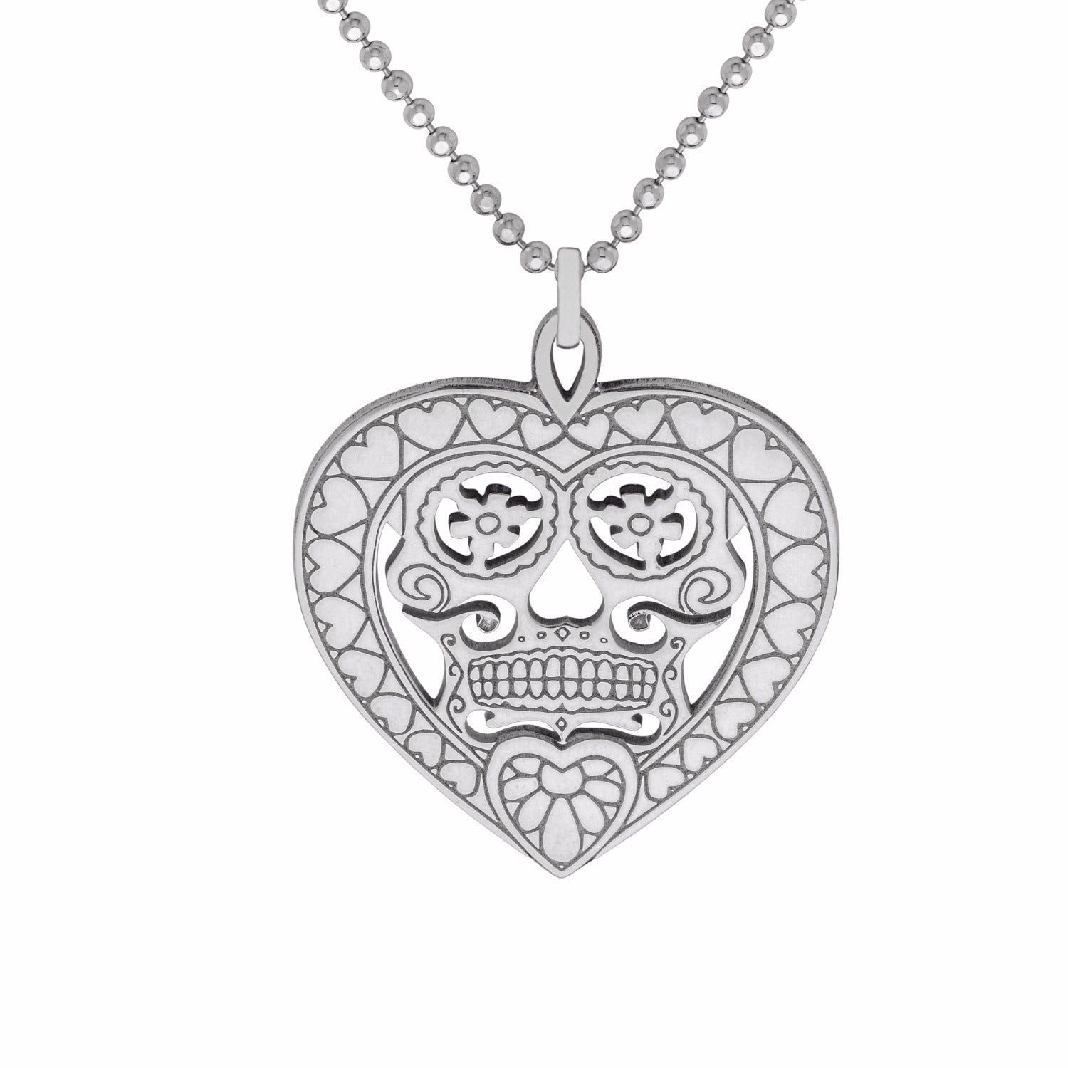 Silver Sugar Skull Heart Pendant Necklace Medium