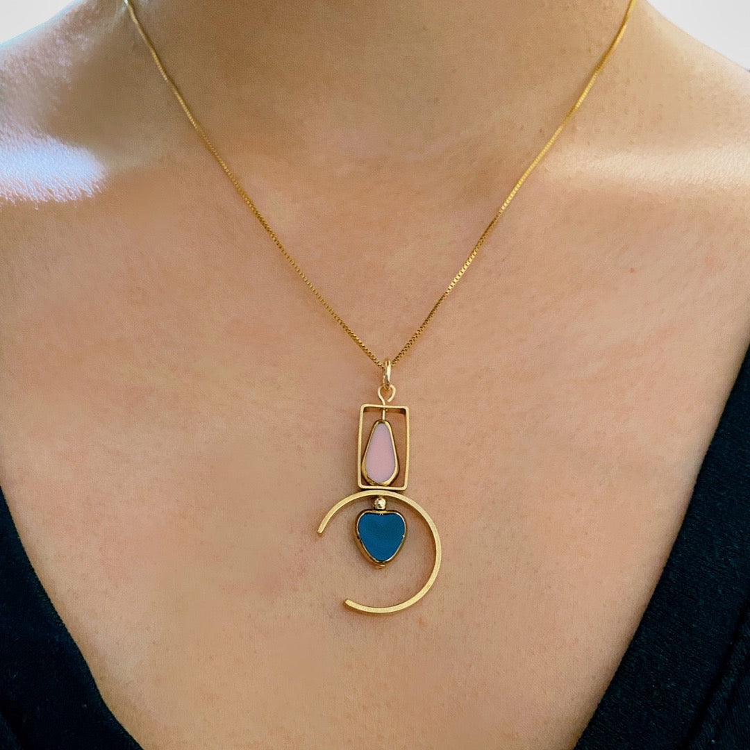 Blue Heart And Pink Pentagon Art Deco Necklace