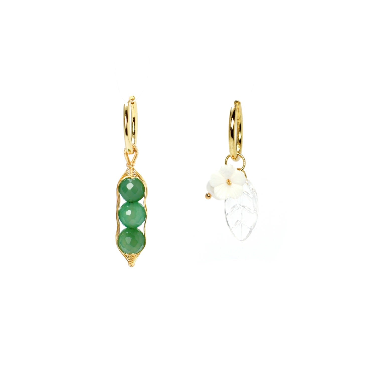 Garden Peas & Hoop Drop Asymmetrical Earrings Green Chrysoprase