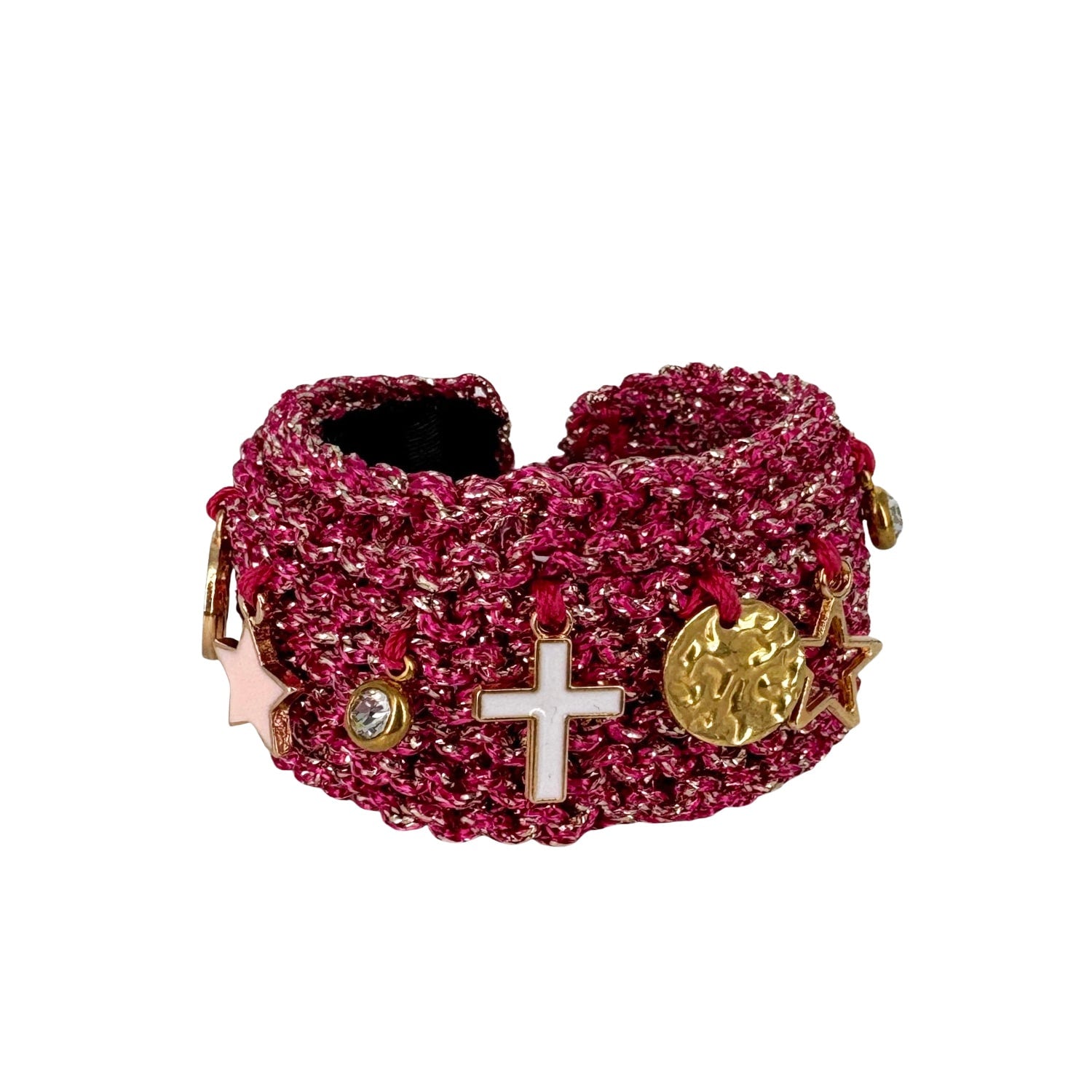 Fuchsia & Gold Bracelet - Handknitted - With Charms