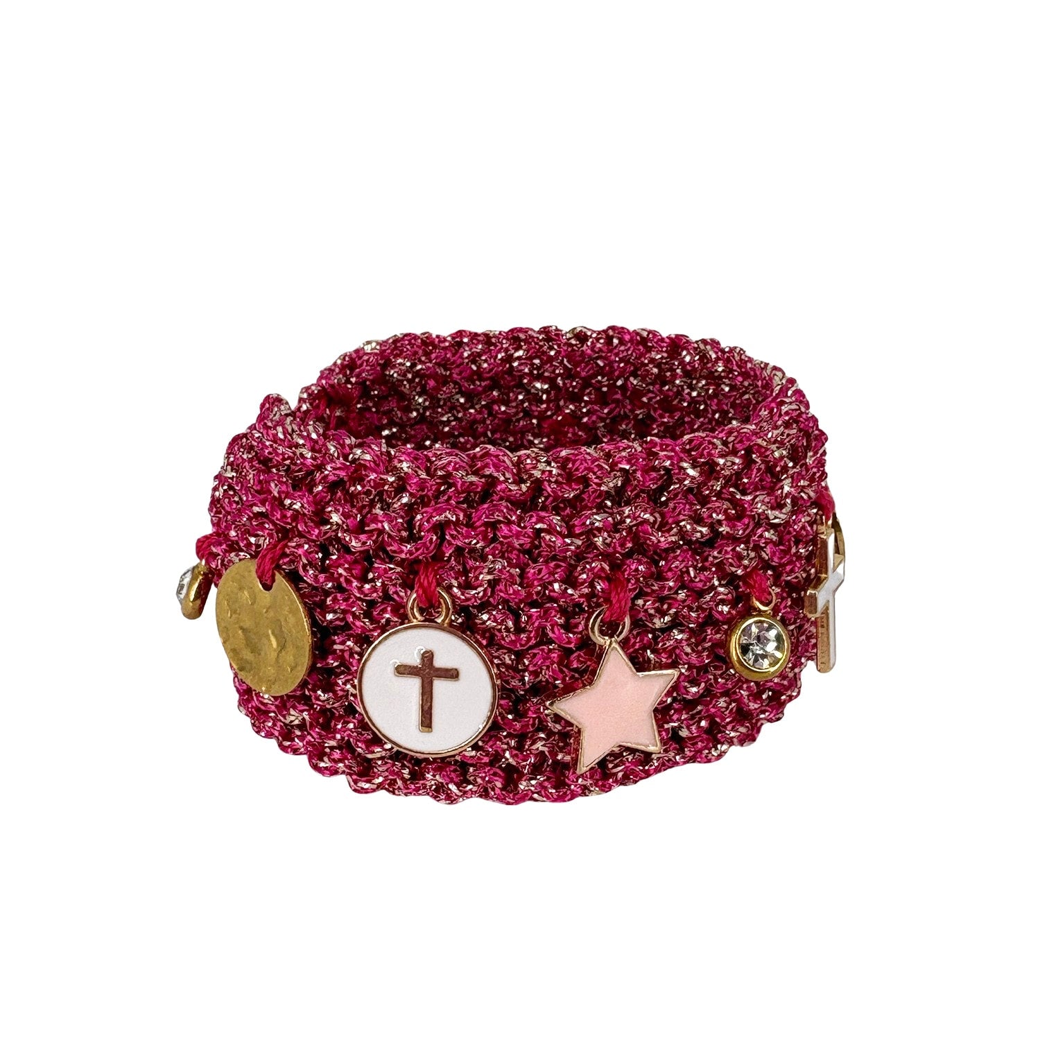 Fuchsia & Gold Bracelet - Handknitted - With Charms