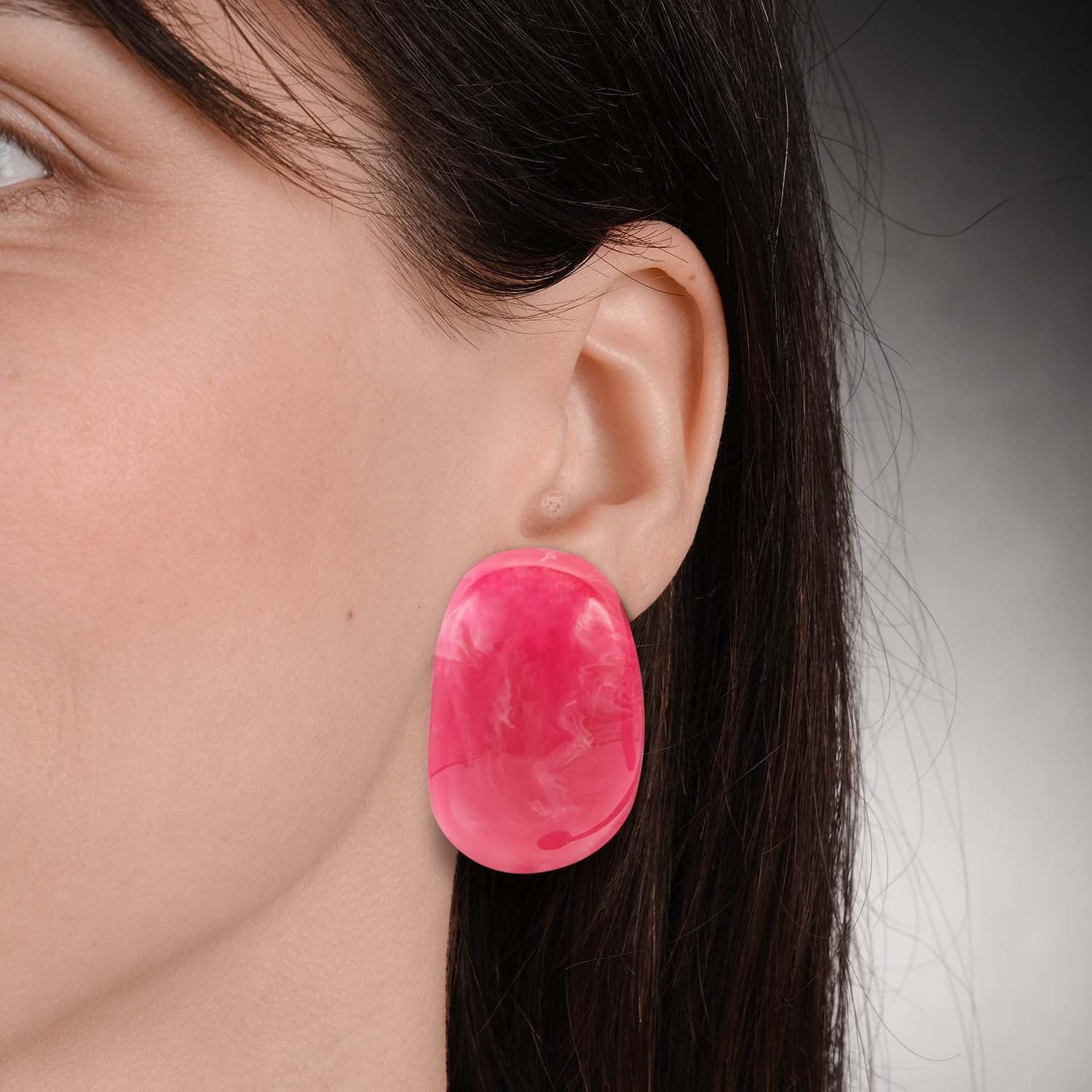 Fuschia Marbled Resin Semi Hoop Clip On Earrings