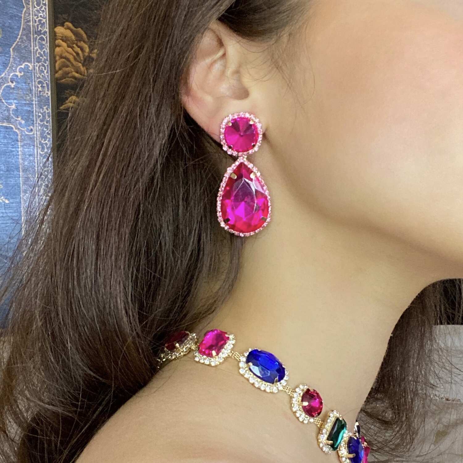 Fuschia Pear Shape Faceted Glass Drop Earrings