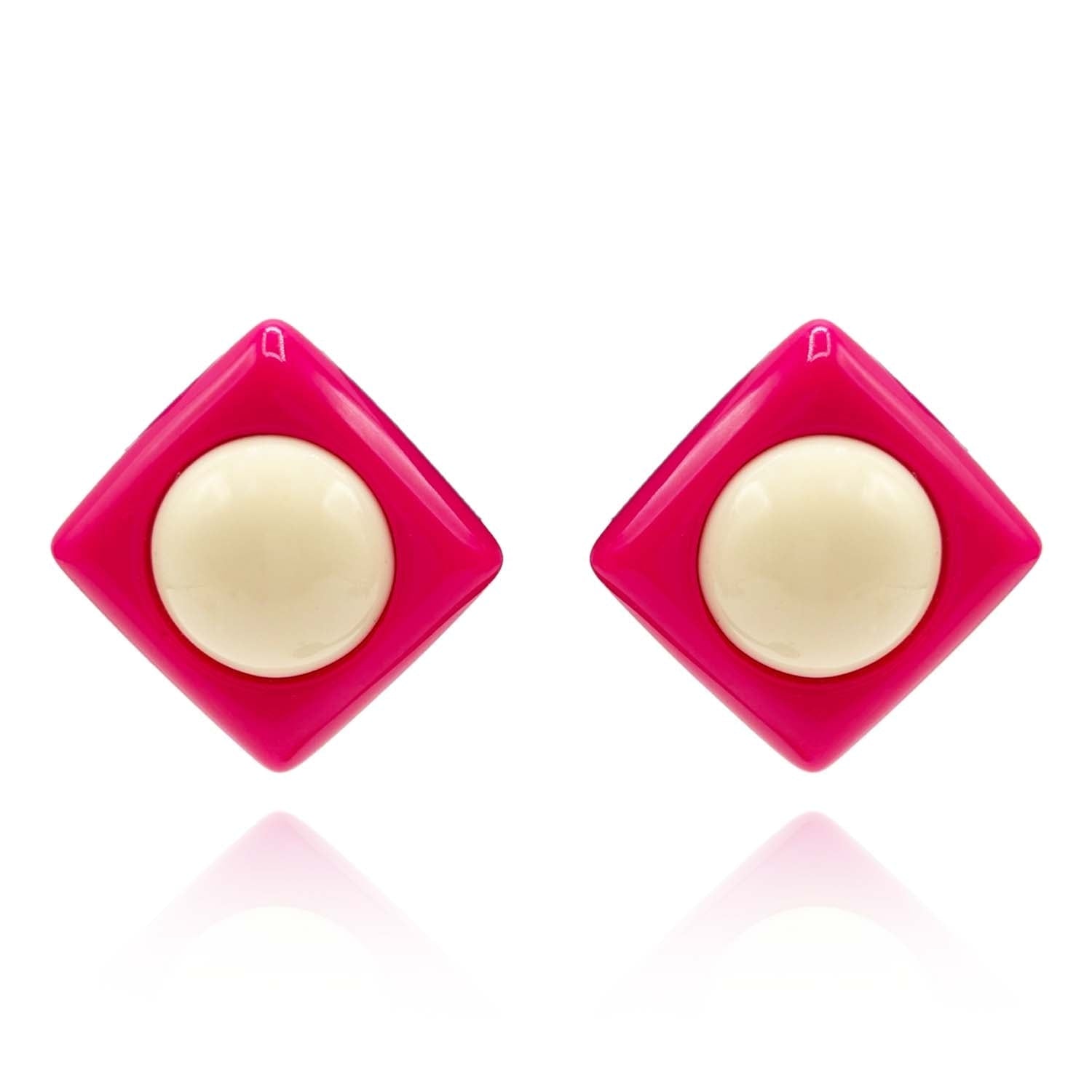 Fuschia Resin Square Clip On Earrings With Ivory Dome Center