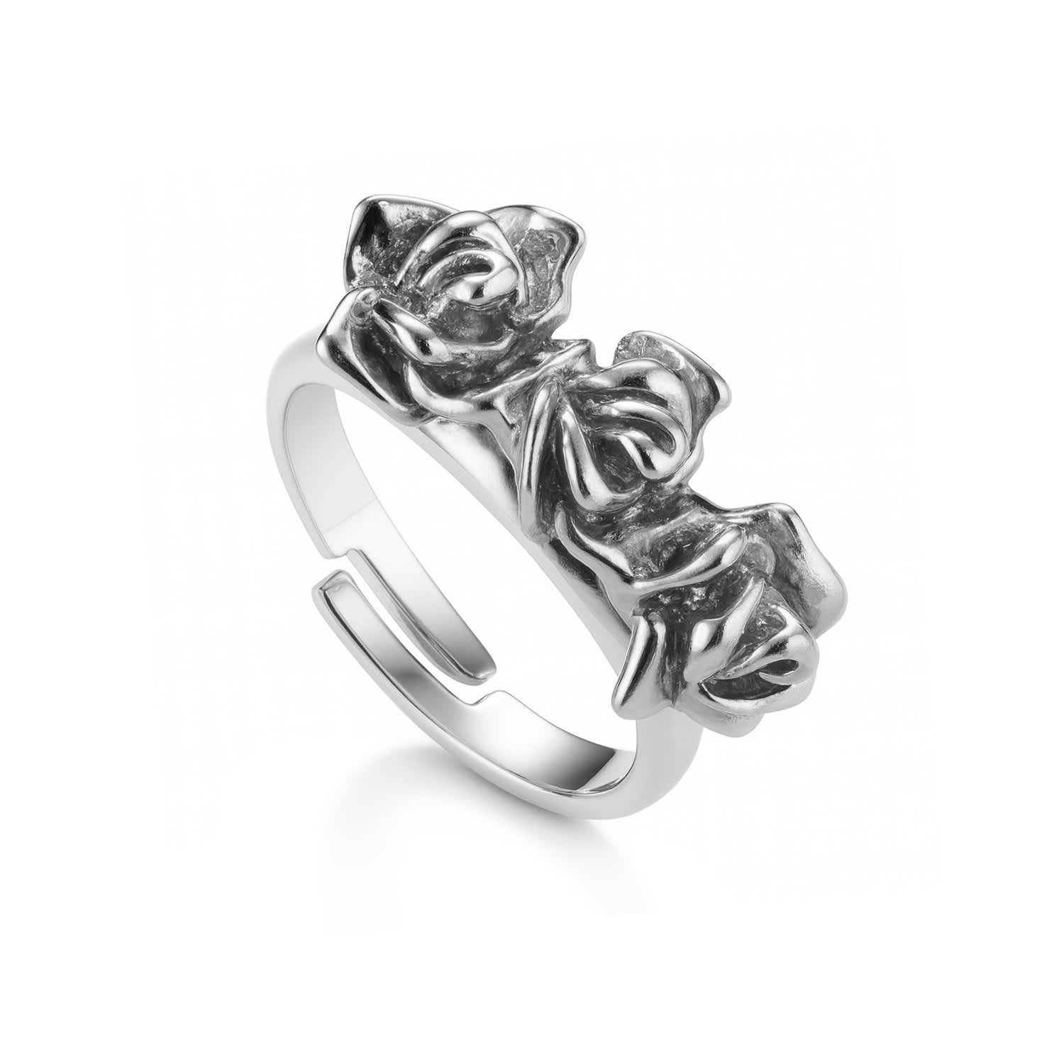 Adjustable Sterling Silver Ring With Raised Roses