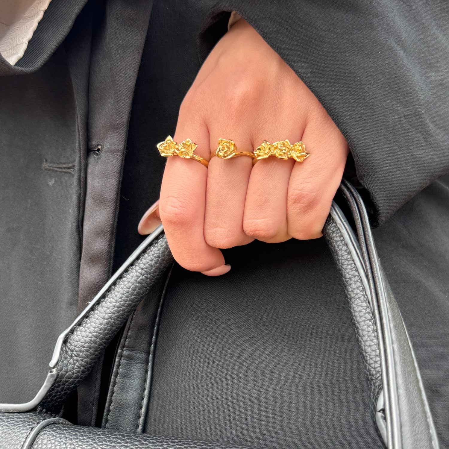 Gold-Plated, Sterling Silver Adjustable Ring With Raised Roses