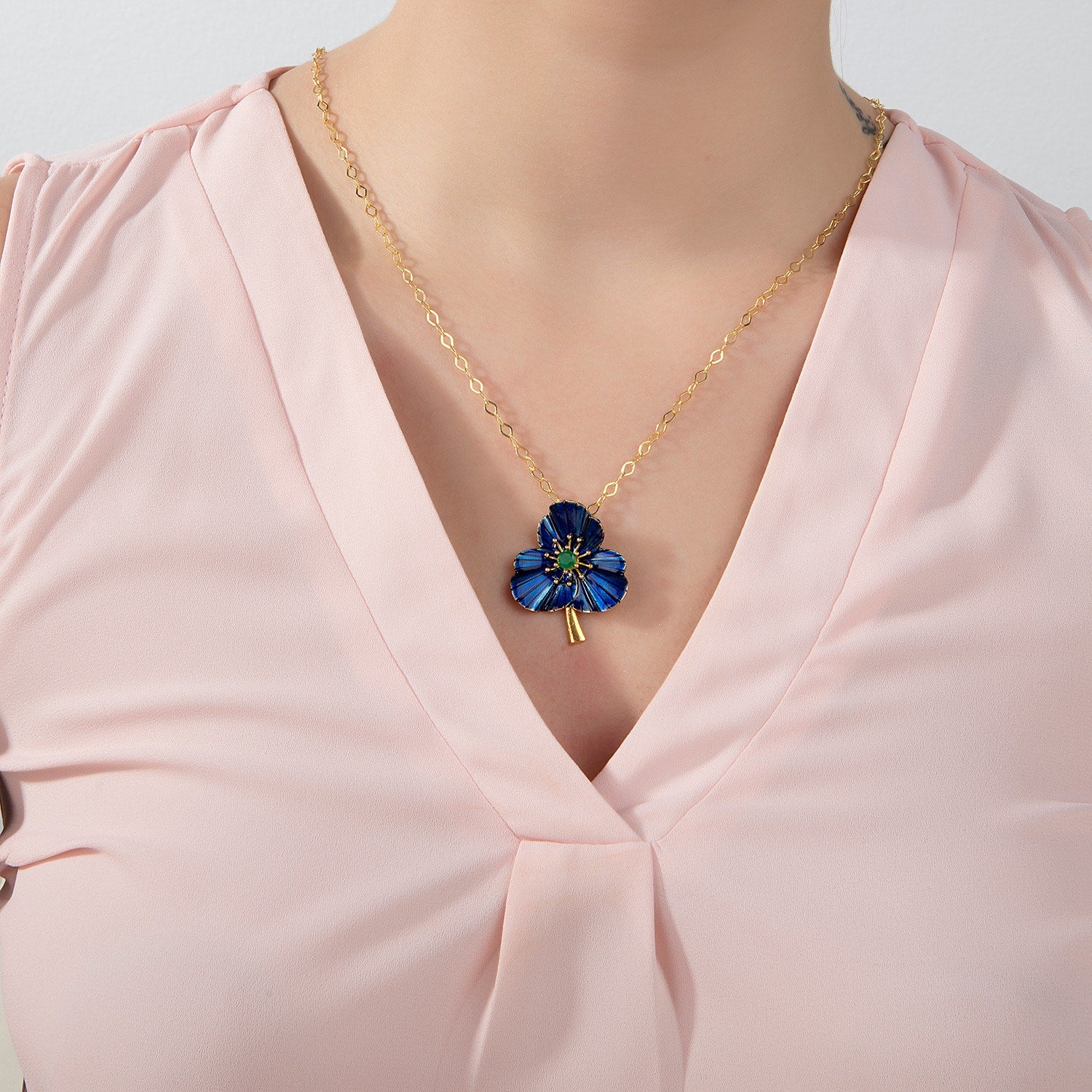Navy Blue Three-Leafed Clover Necklace